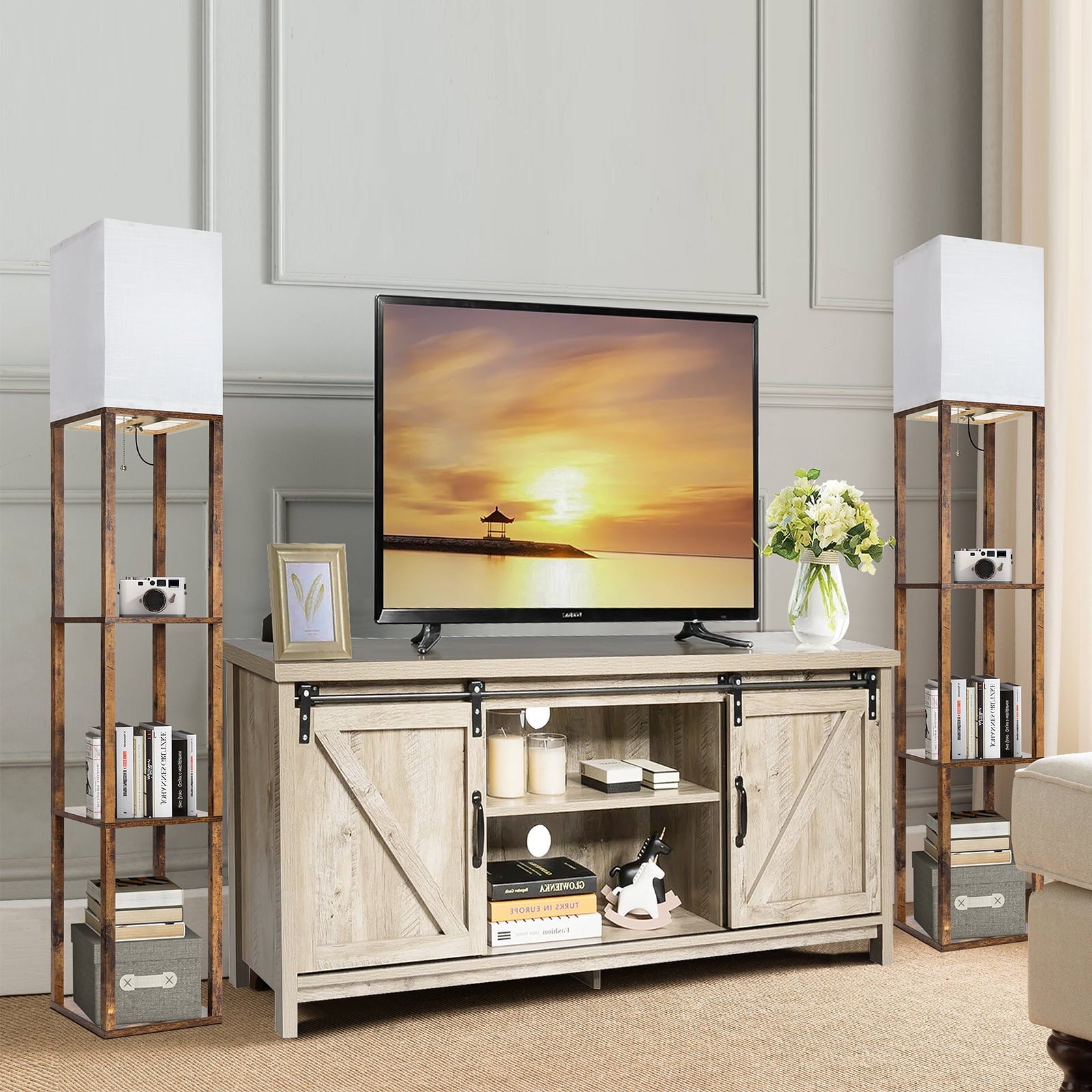 Cozylumi™ Floor Lamp with Shelves, Modern Dimmable Solid Wood Standing Lamp for Living