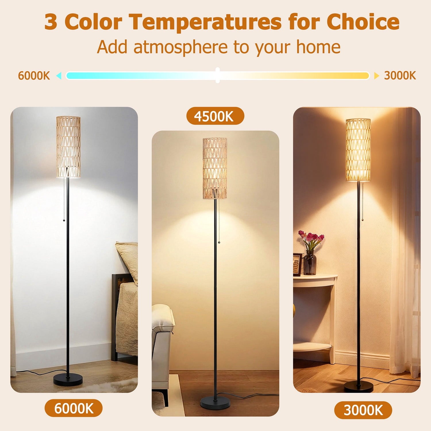 Cozylumi™ Vesteel Floor lamp for Living Room, Farmhouse Rattan Floor Lamp with 3 Color