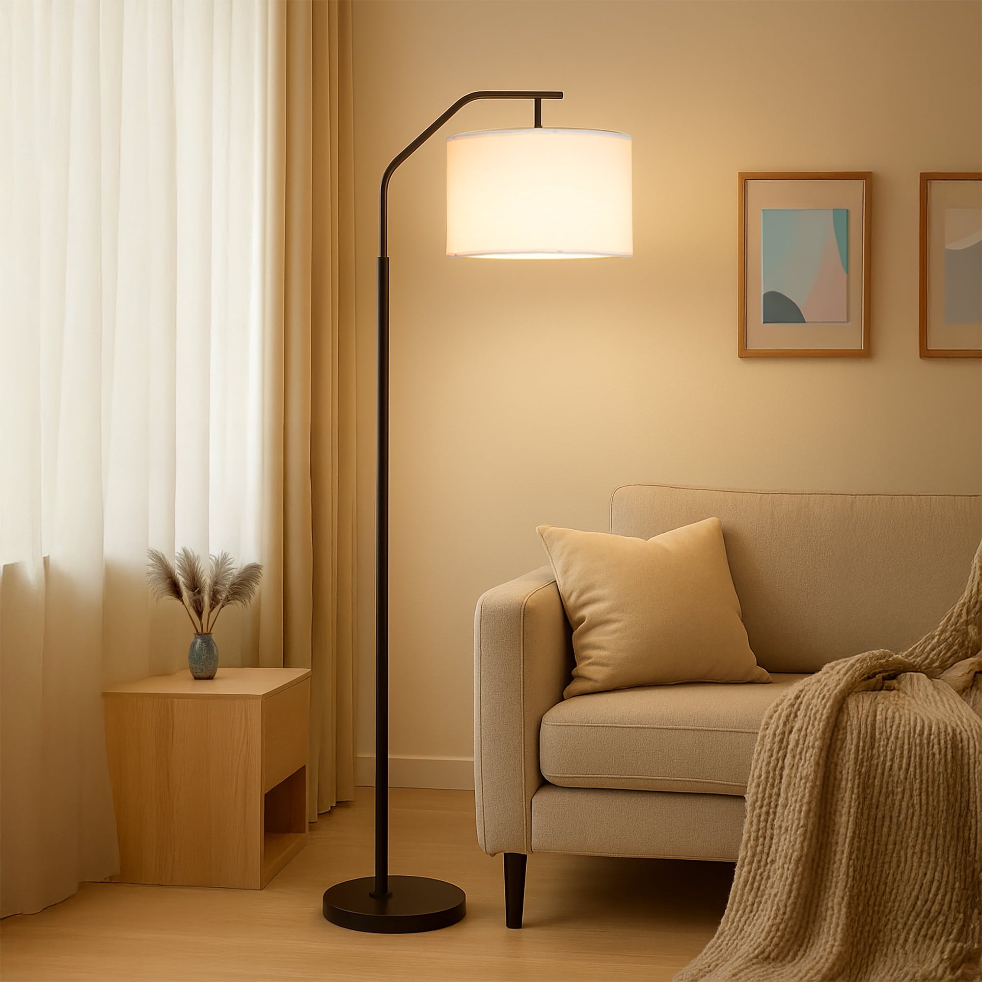 Cozylumi™ 62 in Black Metal Angled Downbridge Floor Lamp with White Linen Shade