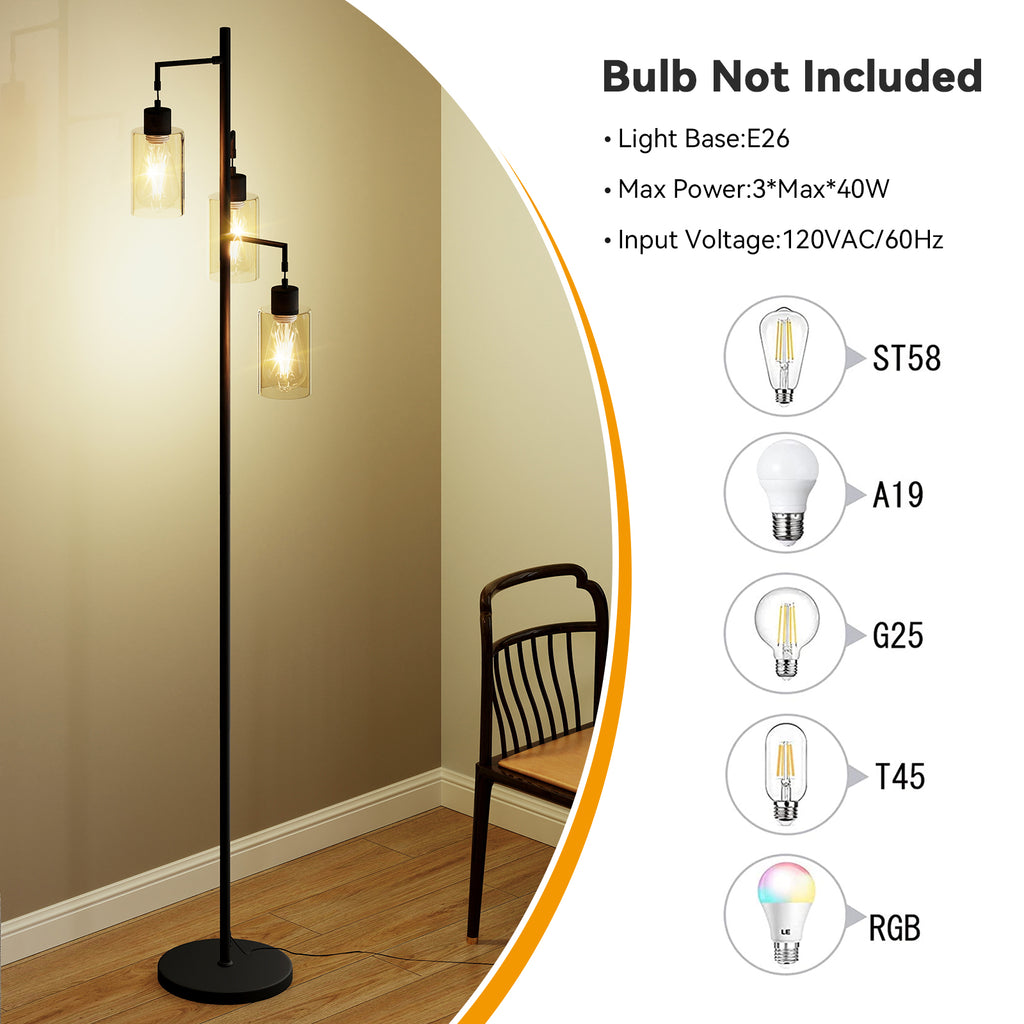 Cozylumi™ DRNANLIT 3-Light Industrial Floor Lamp with Clear Glass Shades, Black