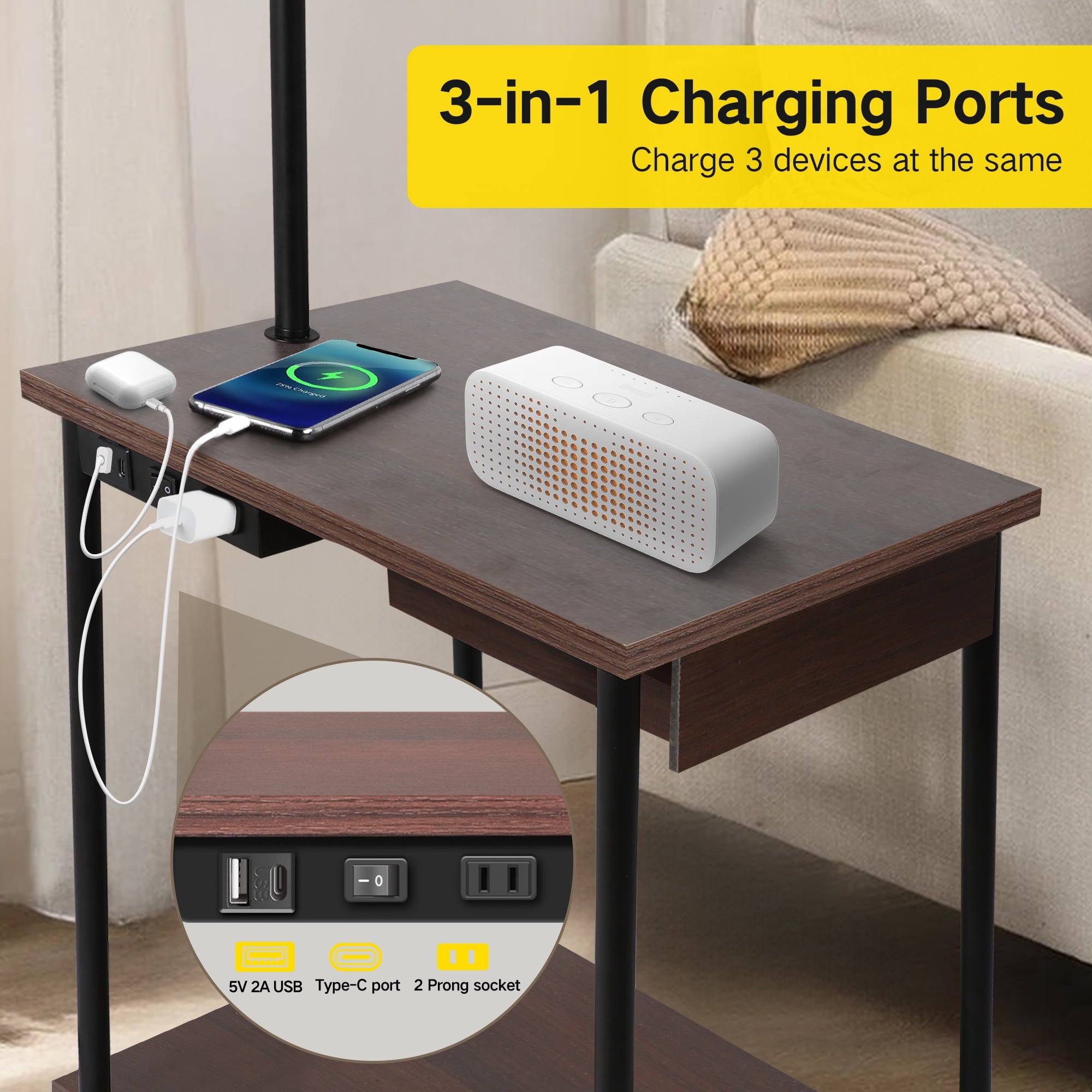 Cozylumi™ Floor Lamp with Table, End Table with Lamp for Living Room with USB & Type C