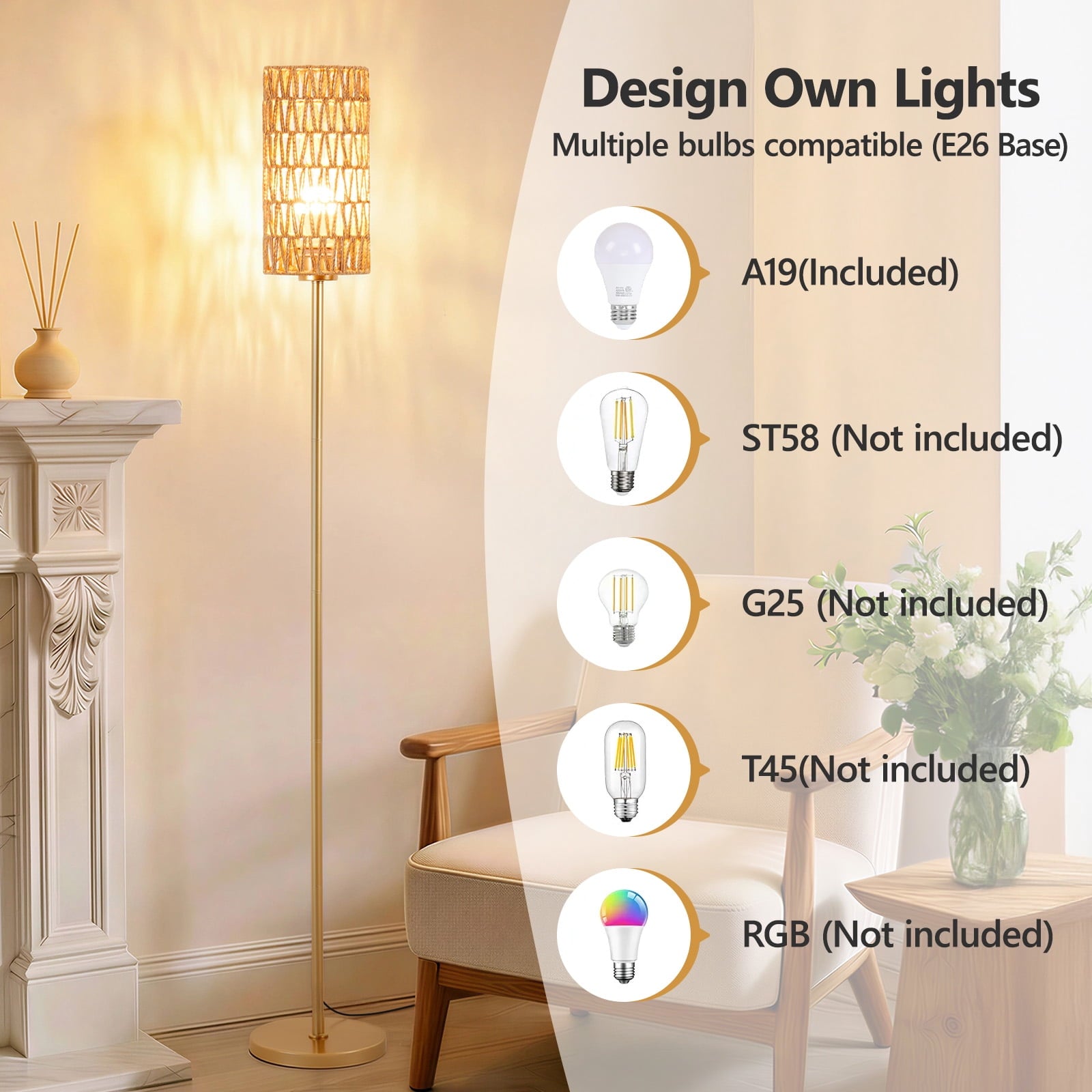 Cozylumi™ 66" Bedroom Floor Lamp 3 Color Temperatures, Gold Tall Standing Lamp with