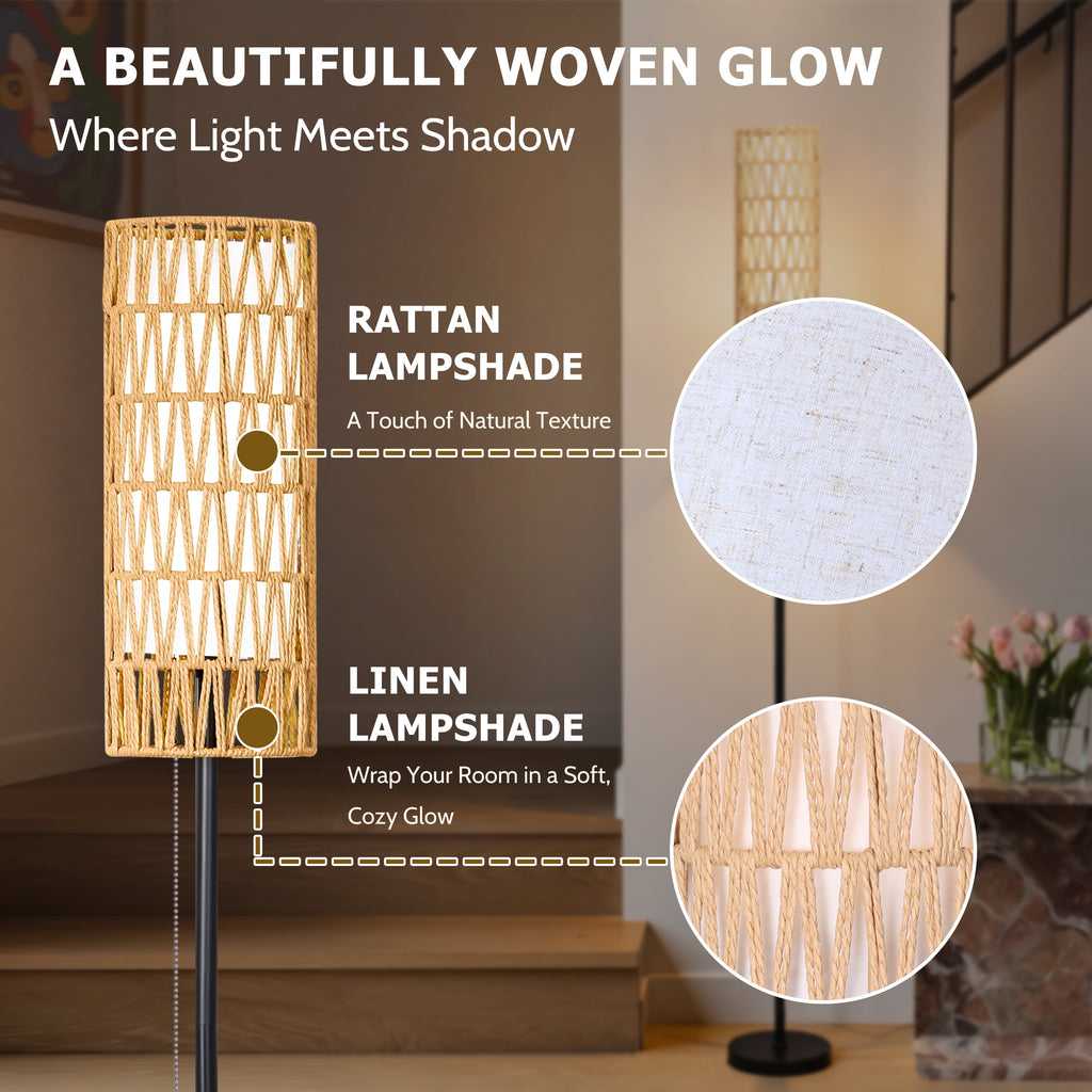 Cozylumi™ Coliware 63 Rattan Floor Lamp, Black Modern Standing Lamp with Pull Chain
