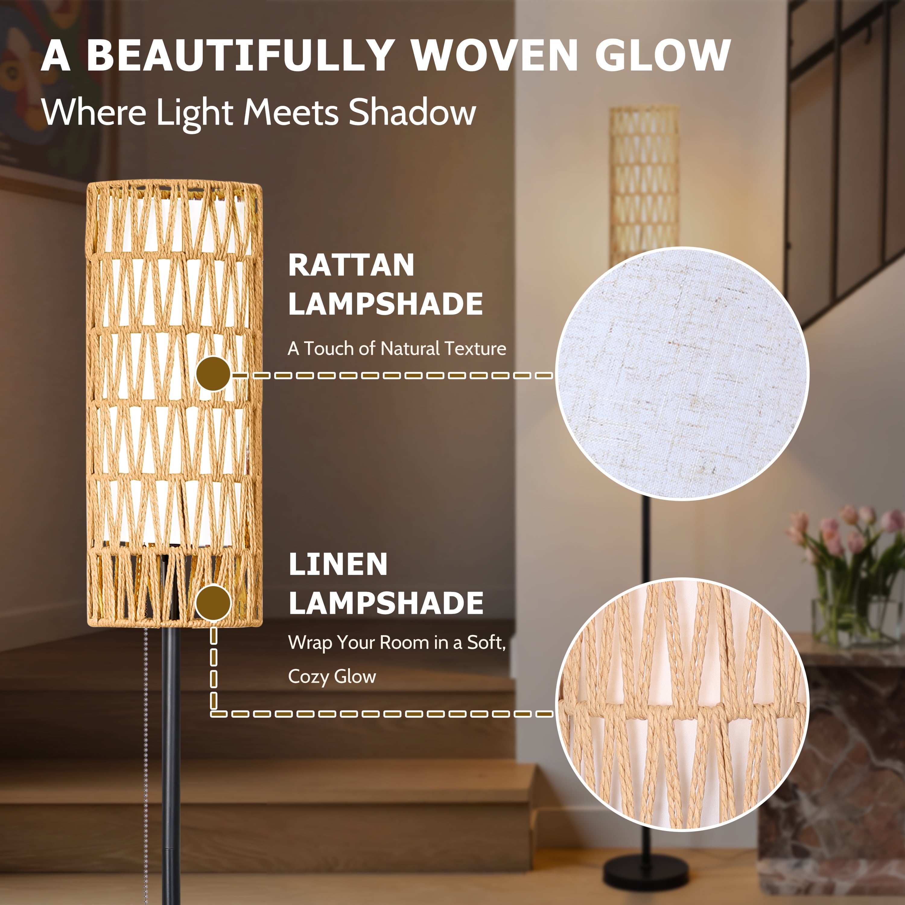 Cozylumi™ Coliware 63 Rattan Floor Lamp, Black Modern Standing Lamp with Pull Chain