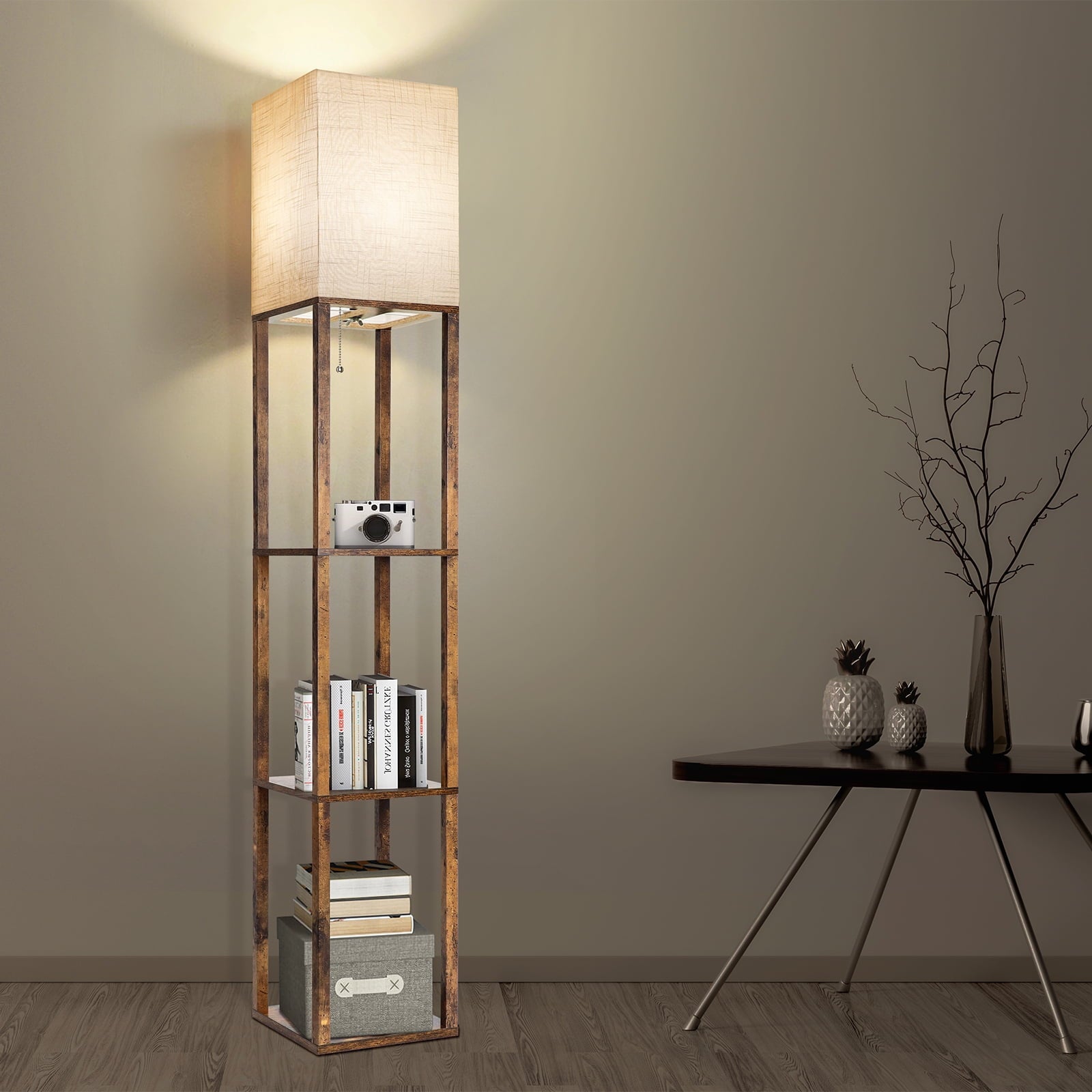 Cozylumi™ Floor Lamp with Shelves, Modern Dimmable Solid Wood Standing Lamp for Living