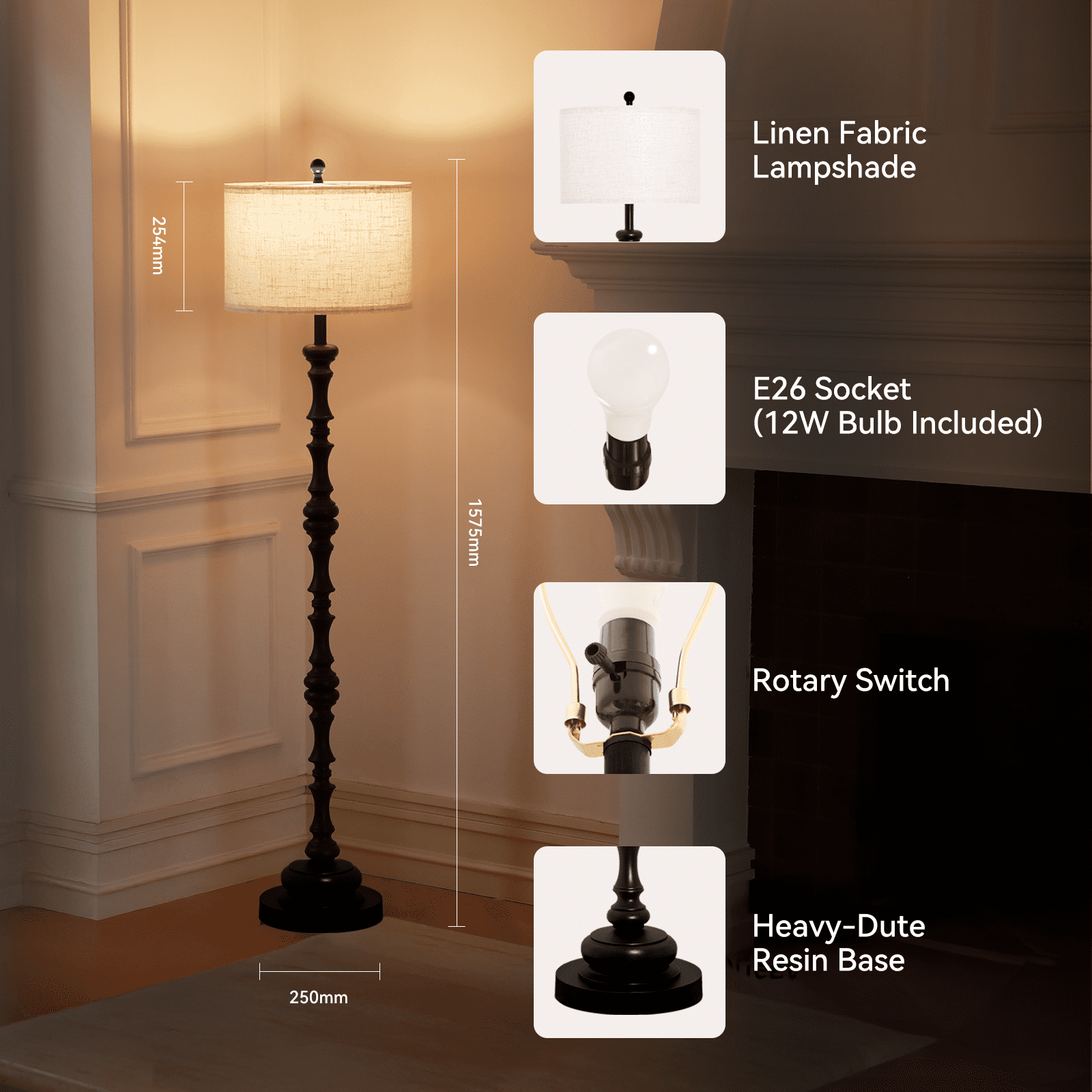 Cozylumi™ Floor Lamps for Living Room with 12W LED Bulb, Vintage Floor Lamp with 3