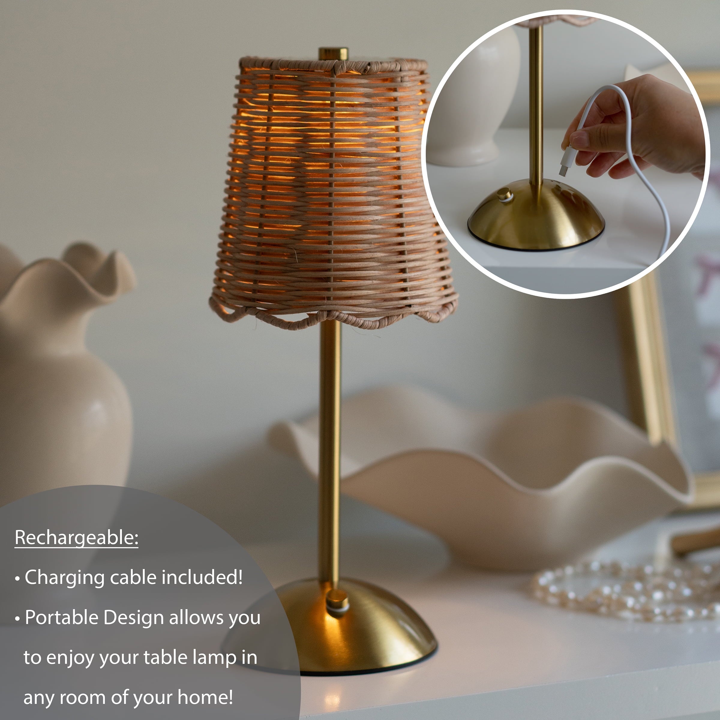 Cozylumi™ Cordless Indoor Rattan and Gold Colored Table Lamp with Touch Switch/Dimmer