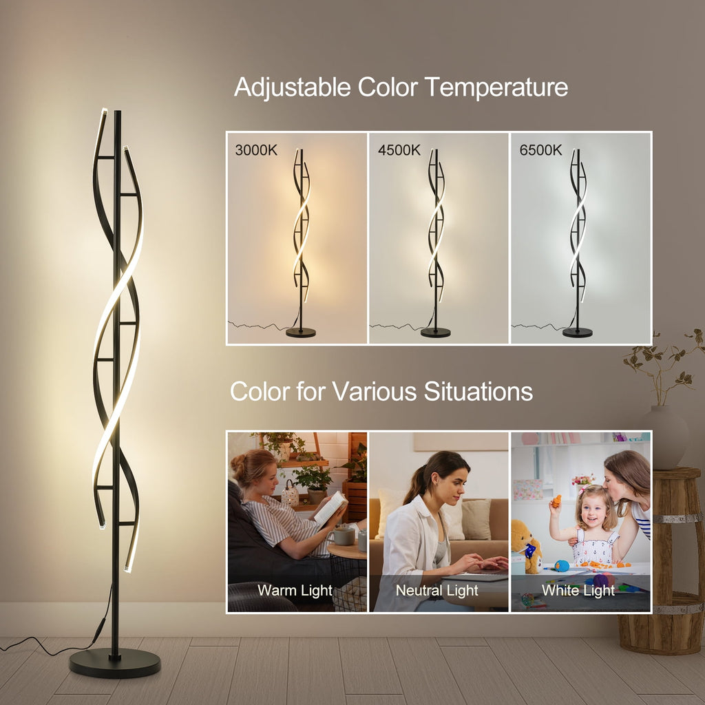 Cozylumi™ LED Spiral Floor Lamp 60 Inch Modern Floor Lamps Dimmable Black Standing Lamp