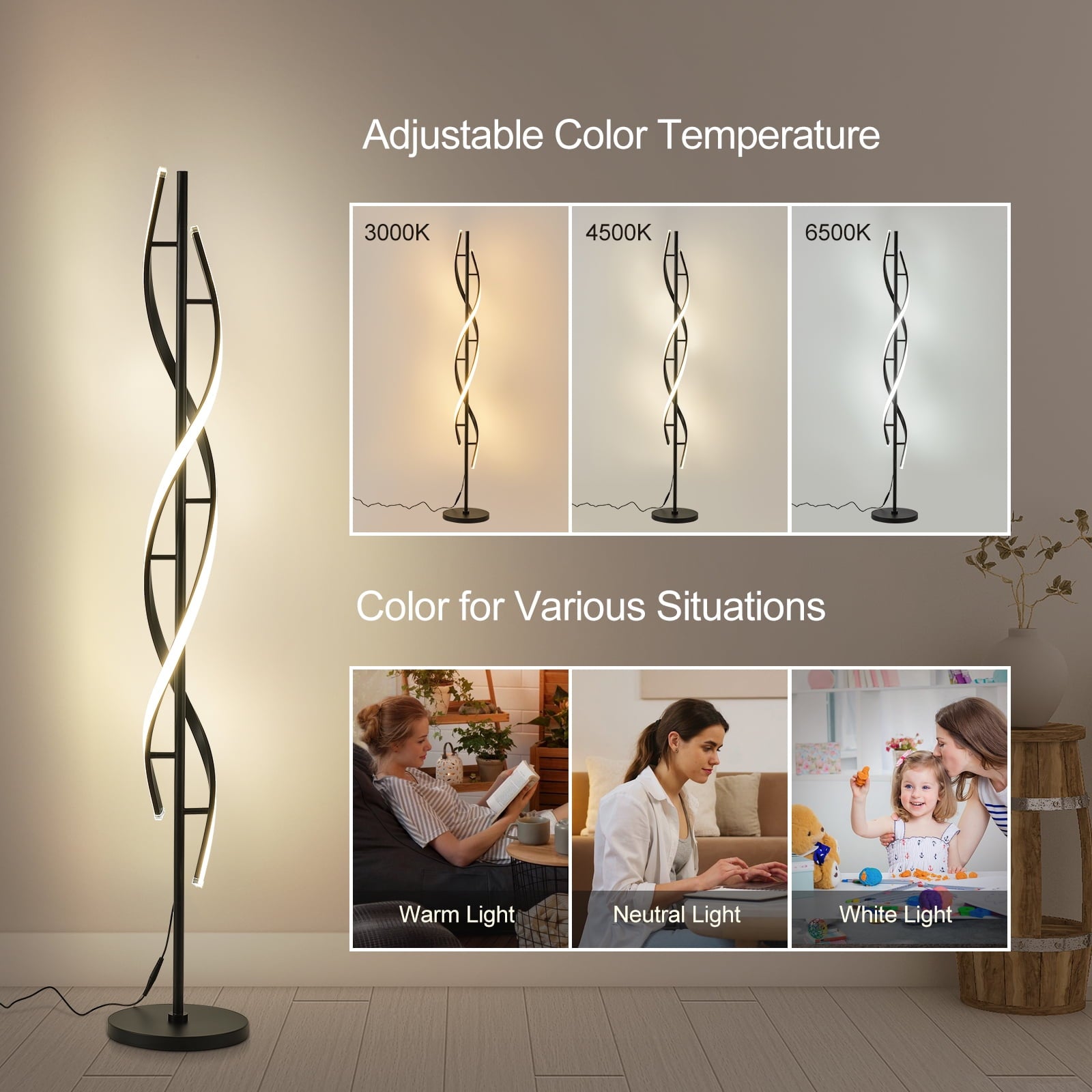 Cozylumi™ LED Spiral Floor Lamp 60 Inch Modern Floor Lamps Dimmable Black Standing Lamp
