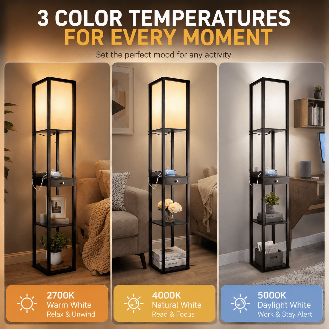 Cozylumi™ Floor Lamp with Shelves & Drawer, LED Standing Lamps with 3 Color