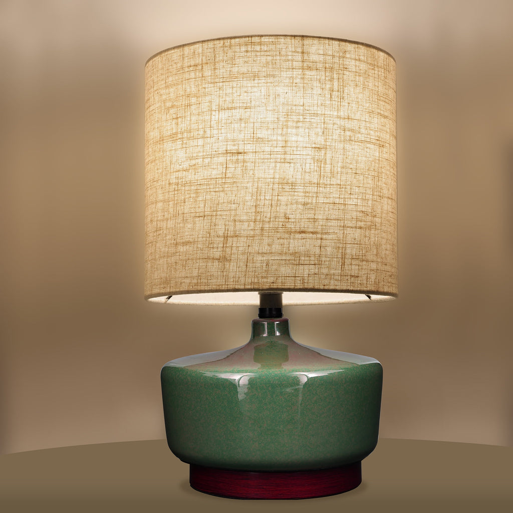Cozylumi™ 17 in Mid-Century Green Ceramic Table Lamp with Wood Base