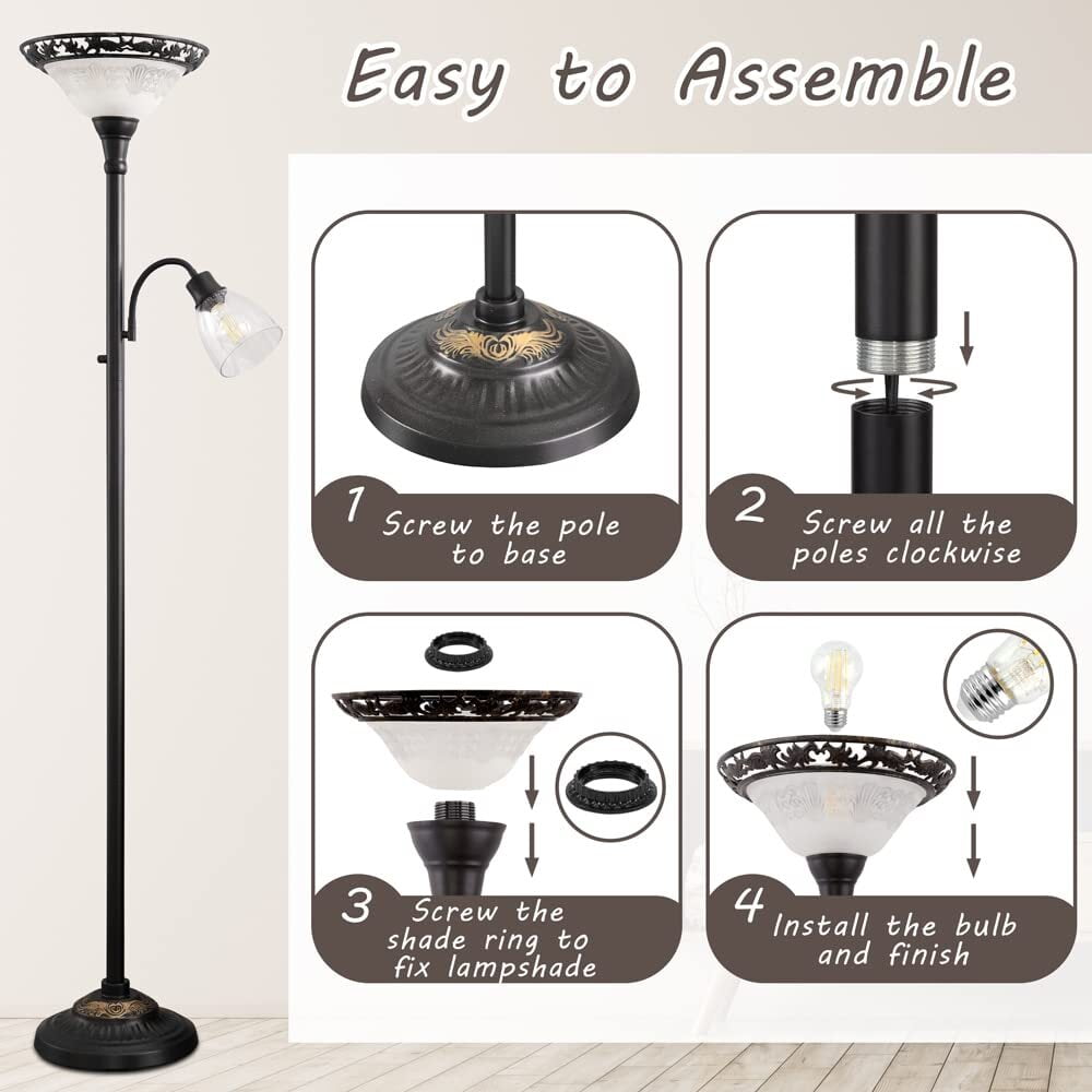 Cozylumi™ 70" Victorian Floor Lamp, Etched Glass Shade, Metal Body & Heavy Base