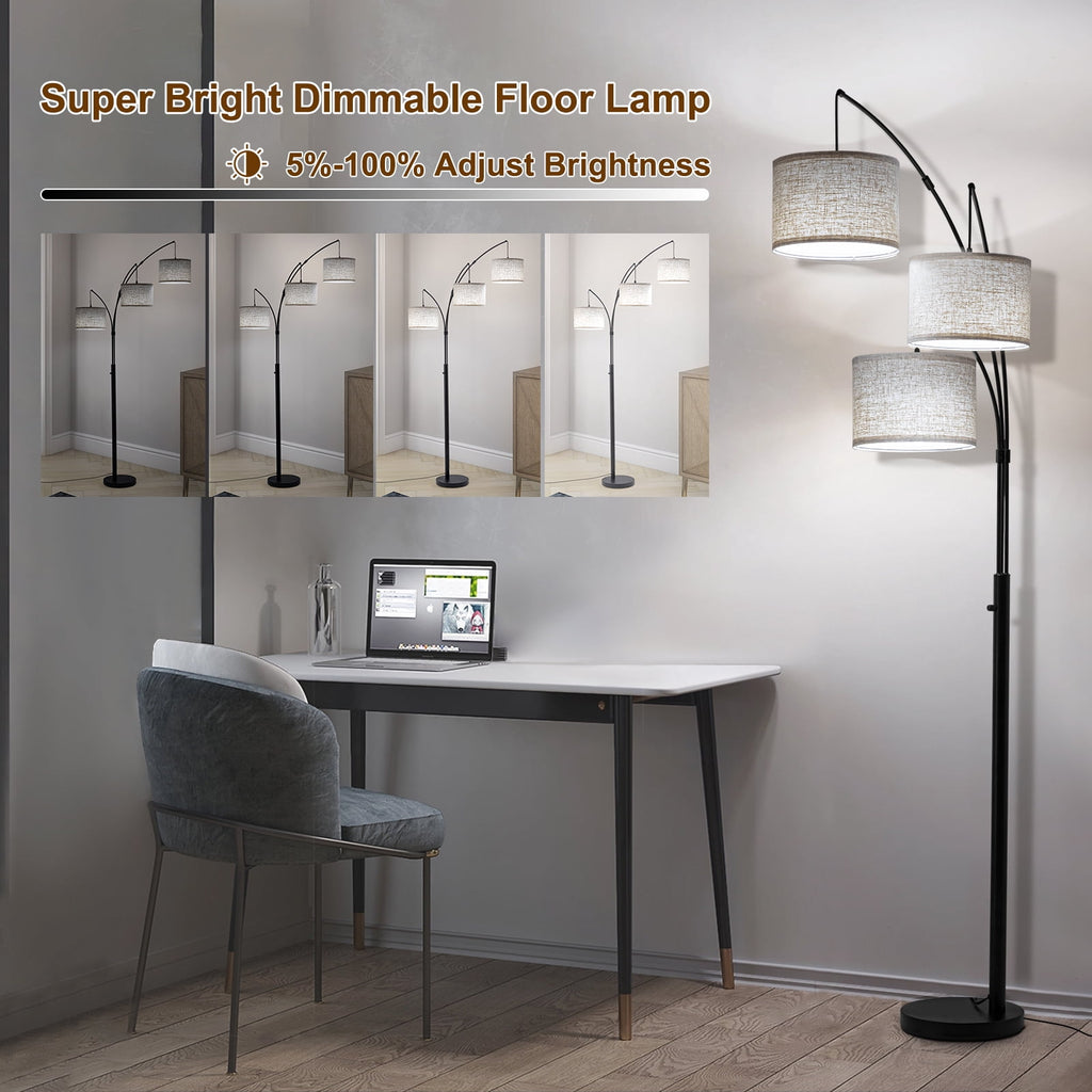 Cozylumi™ Netin 80 3-Light Modern Dimmable Black Arc Floor Lamp with Beige Shades