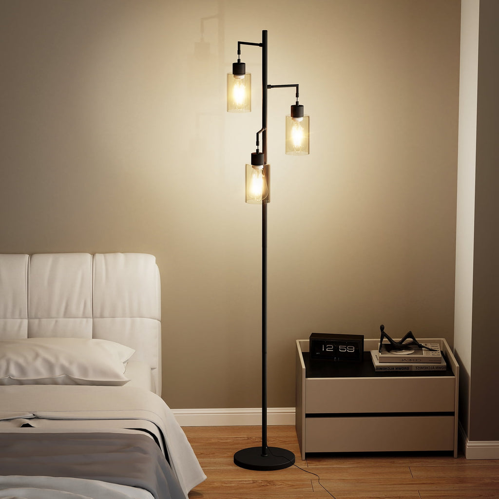 Cozylumi™ DRNANLIT 3-Light Industrial Floor Lamp with Clear Glass Shades, Black
