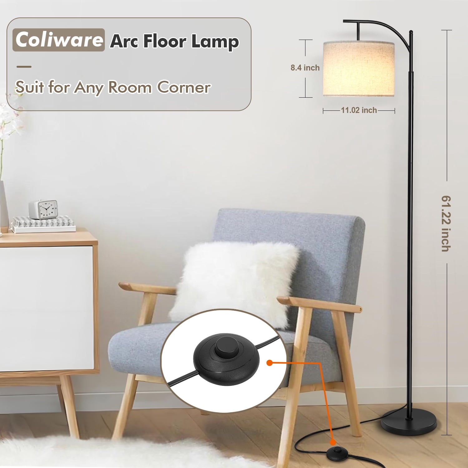 Cozylumi™ Coliware Arc Floor Lamp with 3 Color Temperatures Bulb, Modern Arched