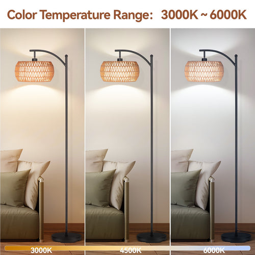 Cozylumi™ 63'' Dimmable Arc Rattan Floor Lamp, Black Standing Lamp with Rattan & Fabric