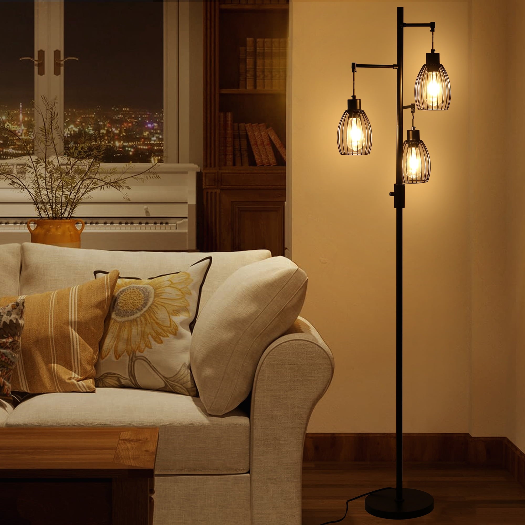 Cozylumi™ Vesteel Standing Lamp, Farmhouse Lamp with 3 Teardrop Cage and Bulbs