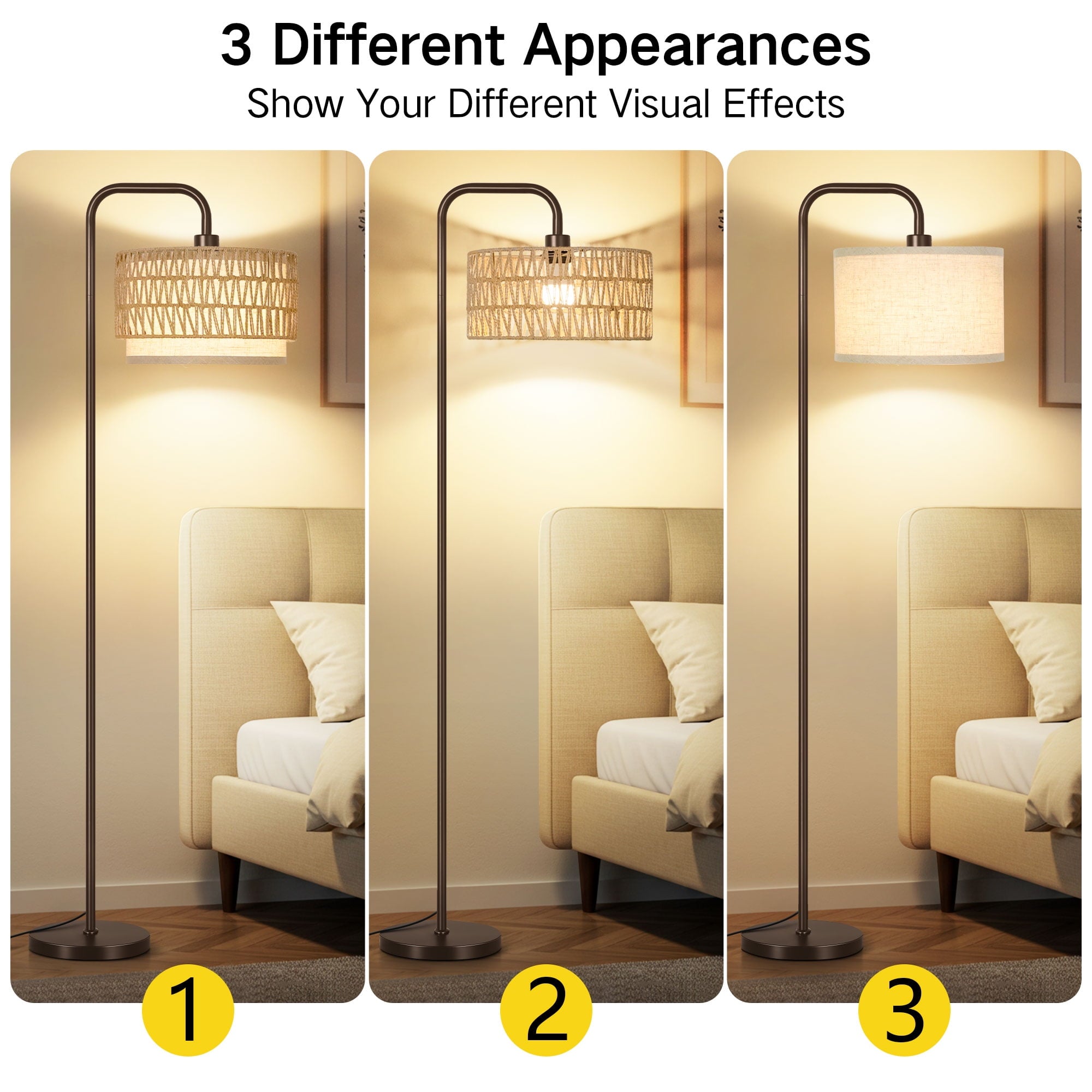 Cozylumi™ Floor Lamps, Boho Standing Lamps with Rattan & Linen Double Shades, Arc Lamp
