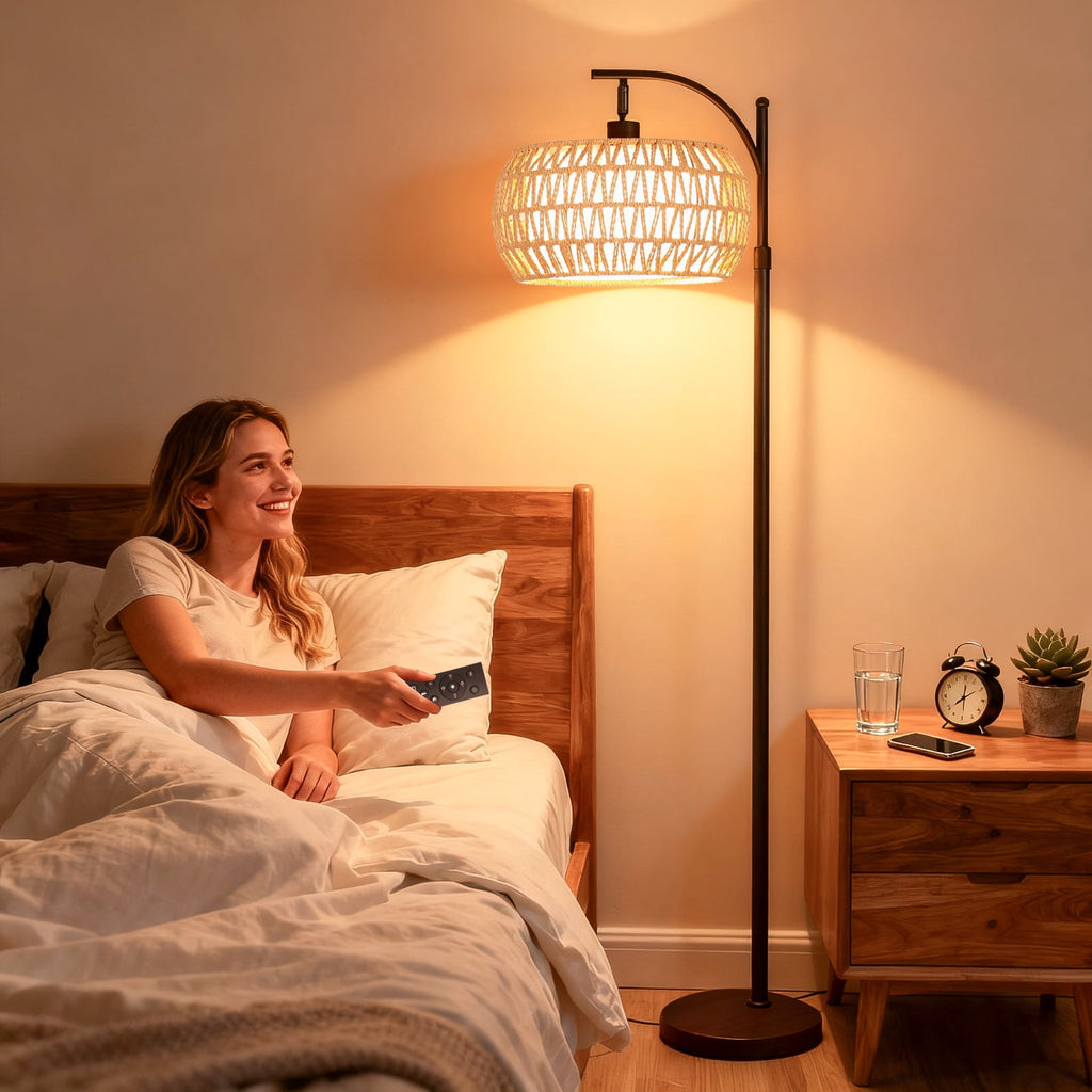 Cozylumi™ 70'' Dimmable Arc Rattan Floor Lamp Standing Lamp with Rattan & Fabric Double