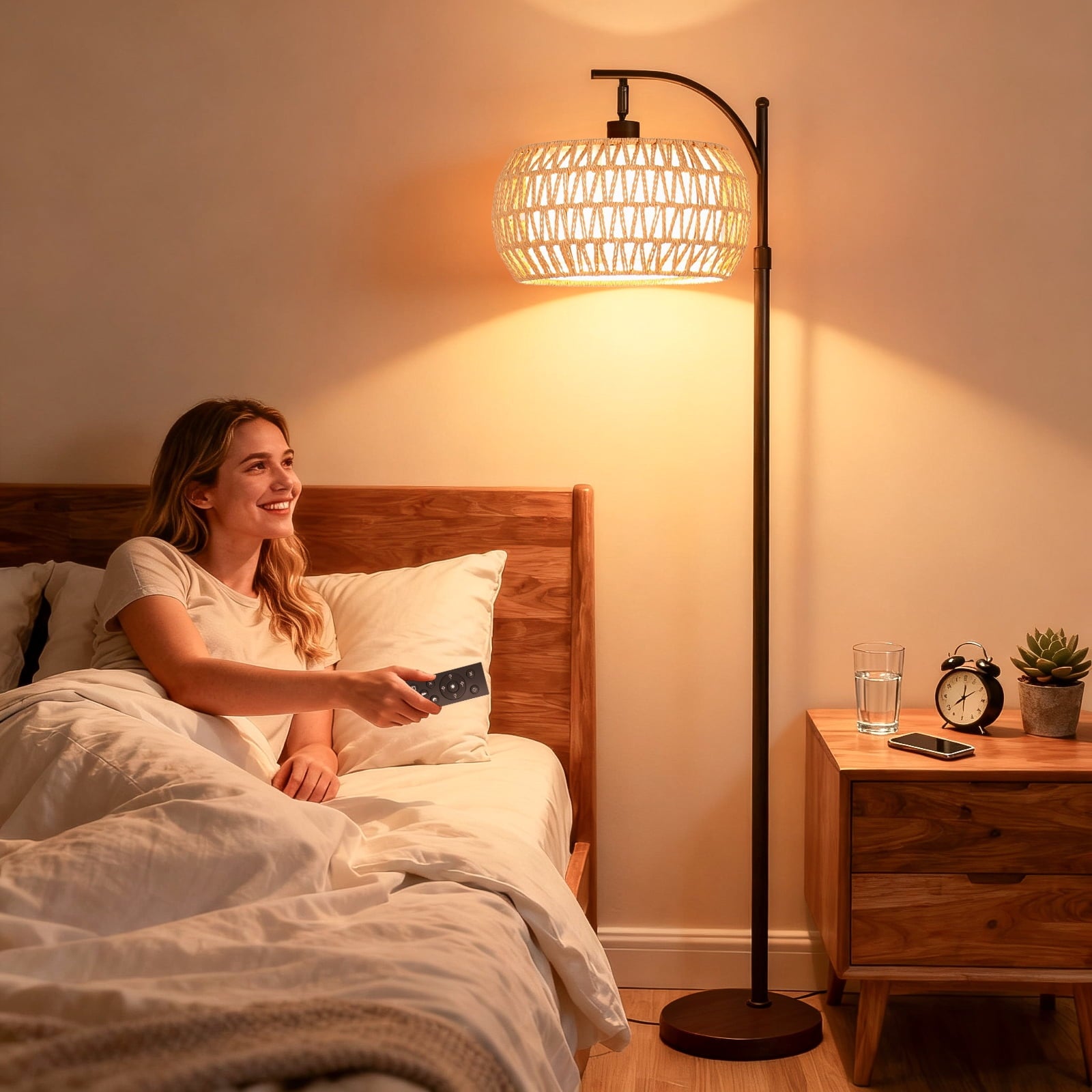 Cozylumi™ 70'' Dimmable Arc Rattan Floor Lamp Standing Lamp with Rattan & Fabric Double