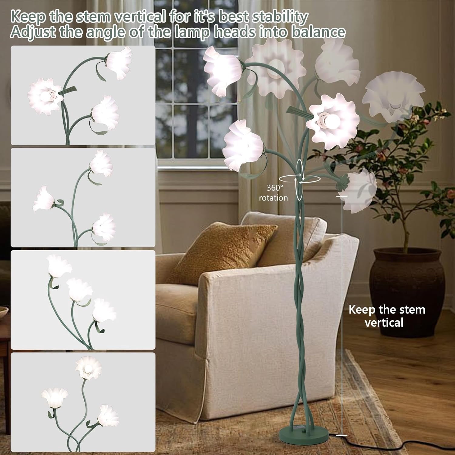 Cozylumi™ Vintage Flower Floor Lamp for Girls' Bedroom, Cute 3 Heads Floor Reading