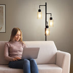 Cozylumi™ DRNANLIT 3-Light Industrial Floor Lamp with Clear Glass Shades, Black