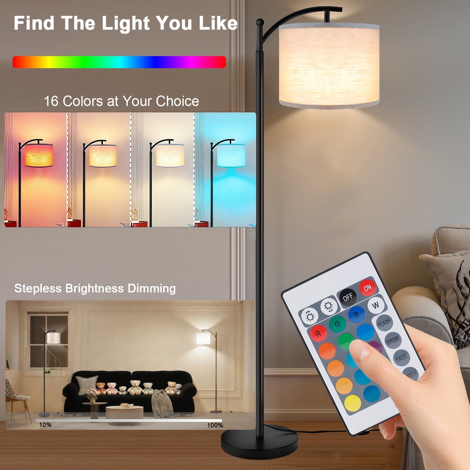 Cozylumi™ FOUKUS Arc Floor Lamp for Living Room: 16 Color LED Modern Tall Black