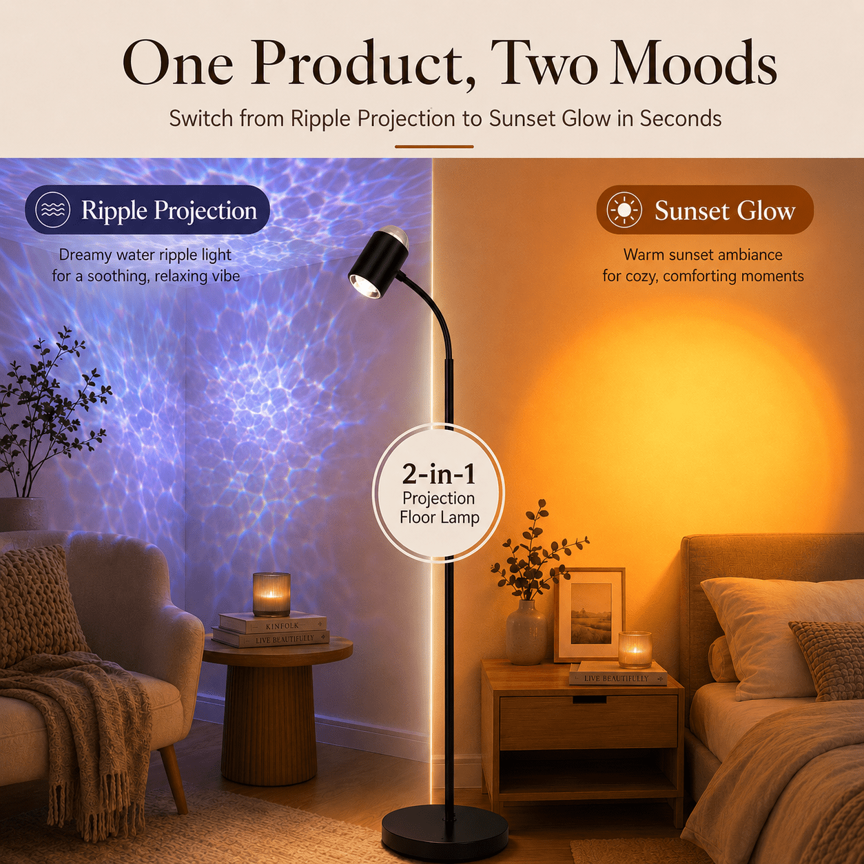 Cozylumi™ MEHOOM Sunset Standing Floor Lamp Projection with Ocean Wave, 360° Rotation