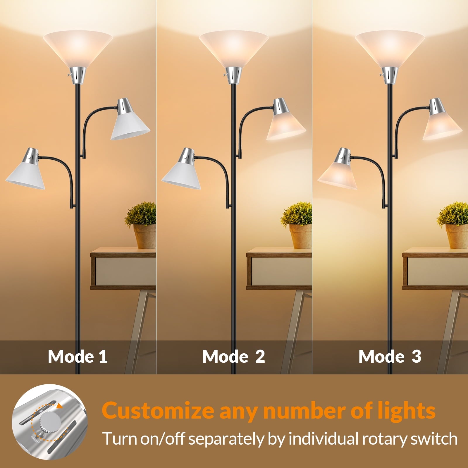 Cozylumi™ 3-Head LED Floor Lamp with Adjustable Reading Lights, 3000K Warm White