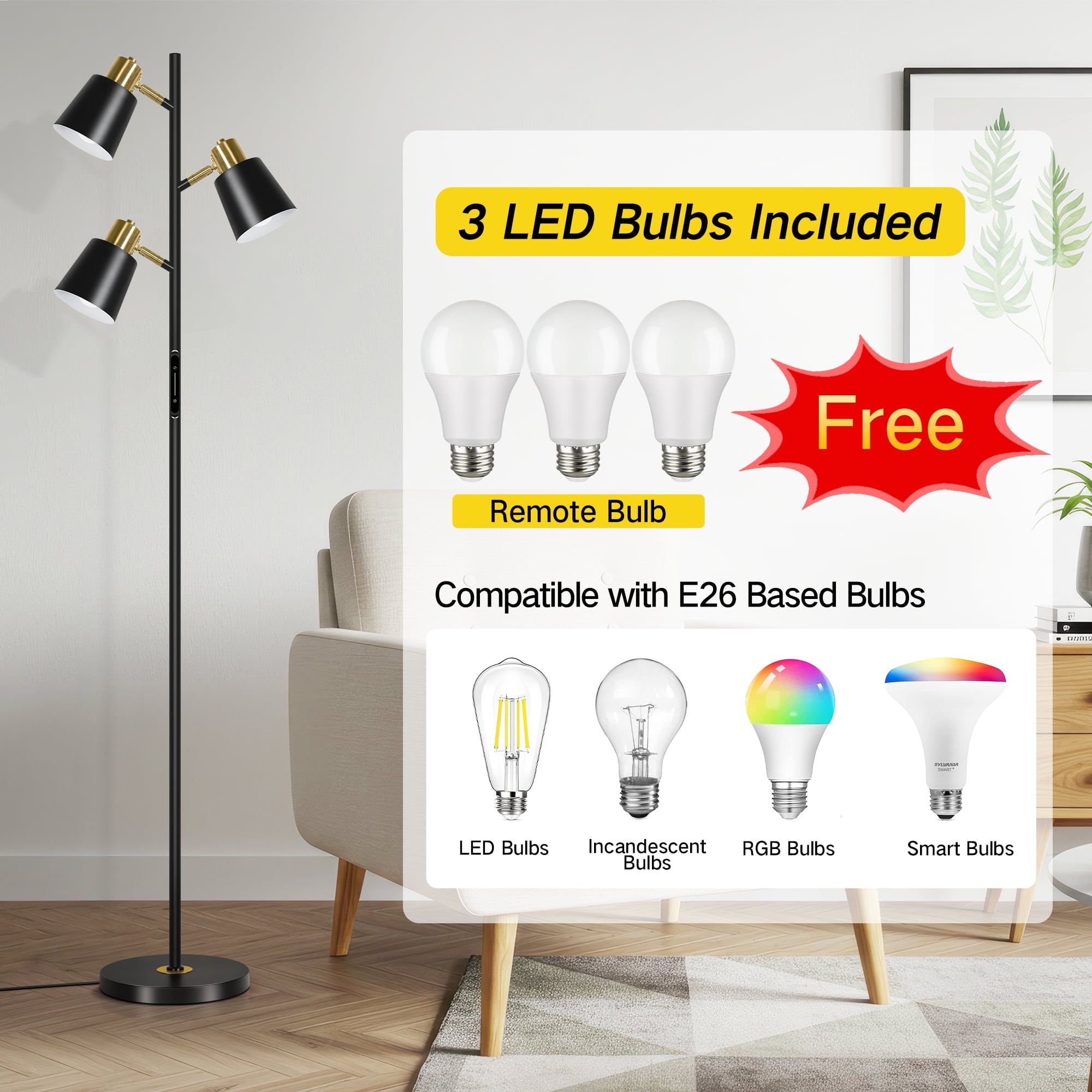 Cozylumi™ Tree Floor Lamp with 3 Adjustable Rotating Lights, Standing Tall Pole Lamps