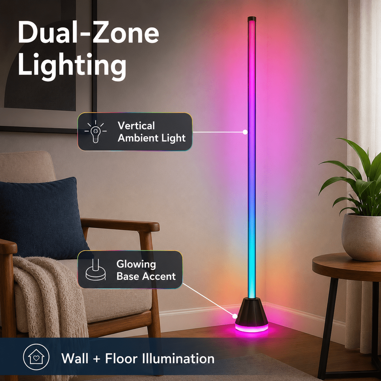 Cozylumi™ RGBIC Corner Floor Lamps with Glowing Base, 16 Million Colors,2700K-6500K