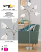 Cozylumi™ Simplee 67" 5-Light Modern Adjustable Arm Brushed Steel Floor Lamp with White