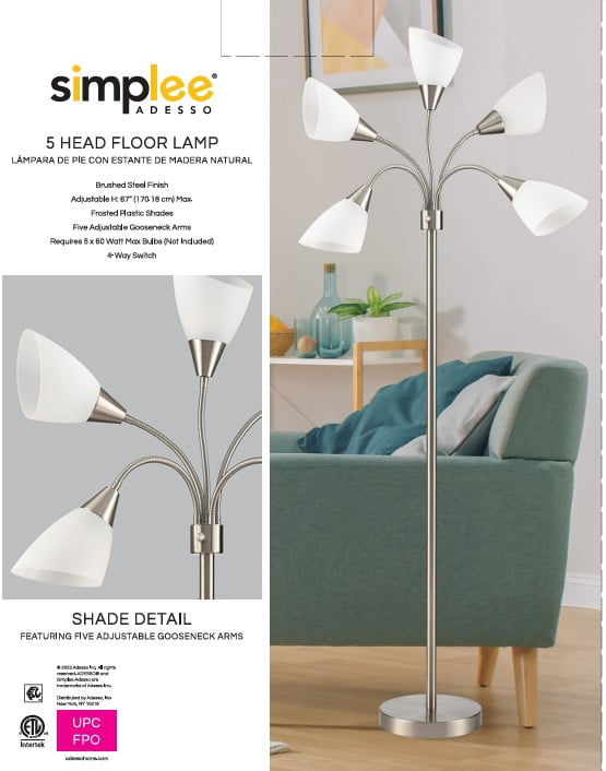 Cozylumi™ Simplee 67" 5-Light Modern Adjustable Arm Brushed Steel Floor Lamp with White