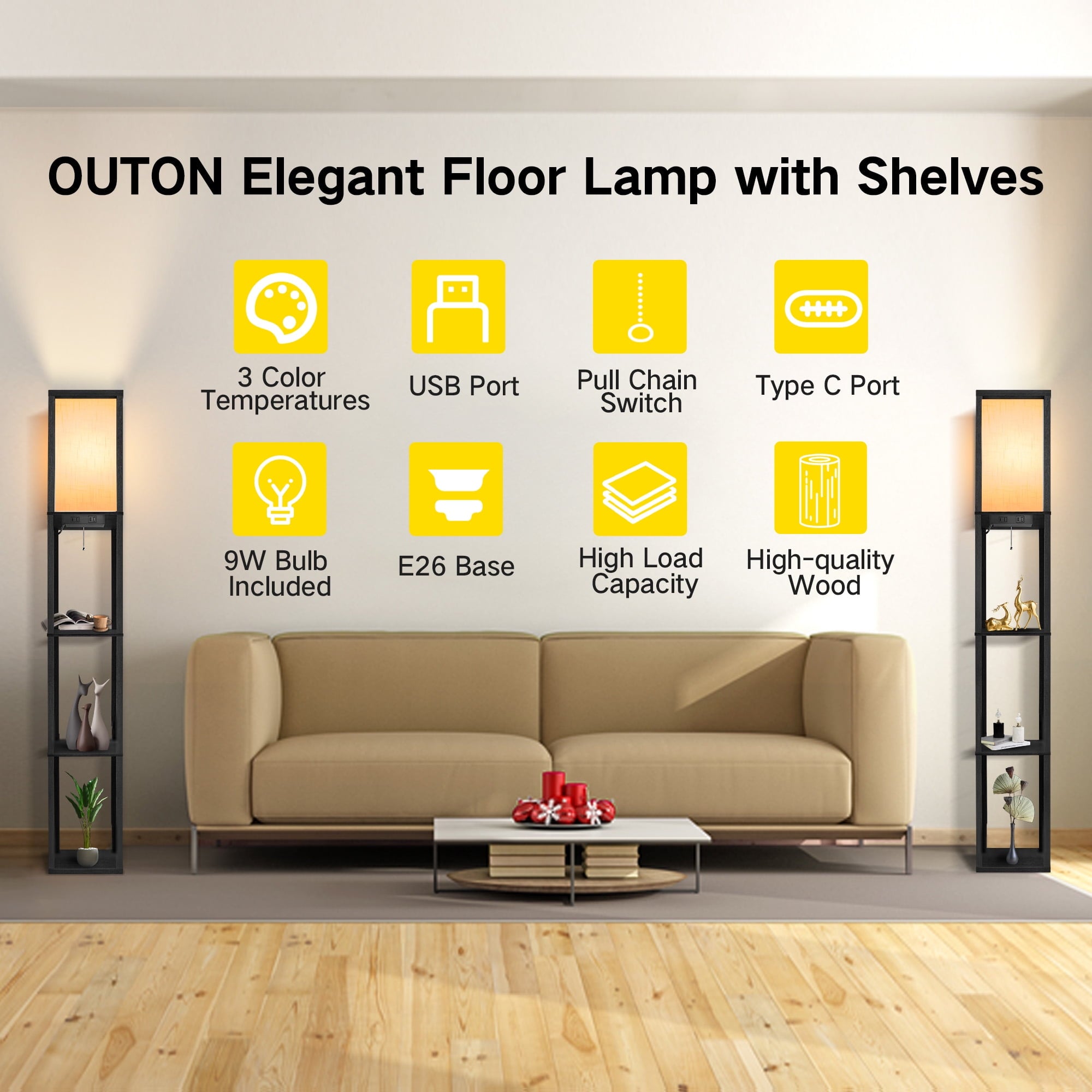 Cozylumi™ Floor Lamp with Shelves, Standing Lamp with USB & Type C & Power Outlet, 3
