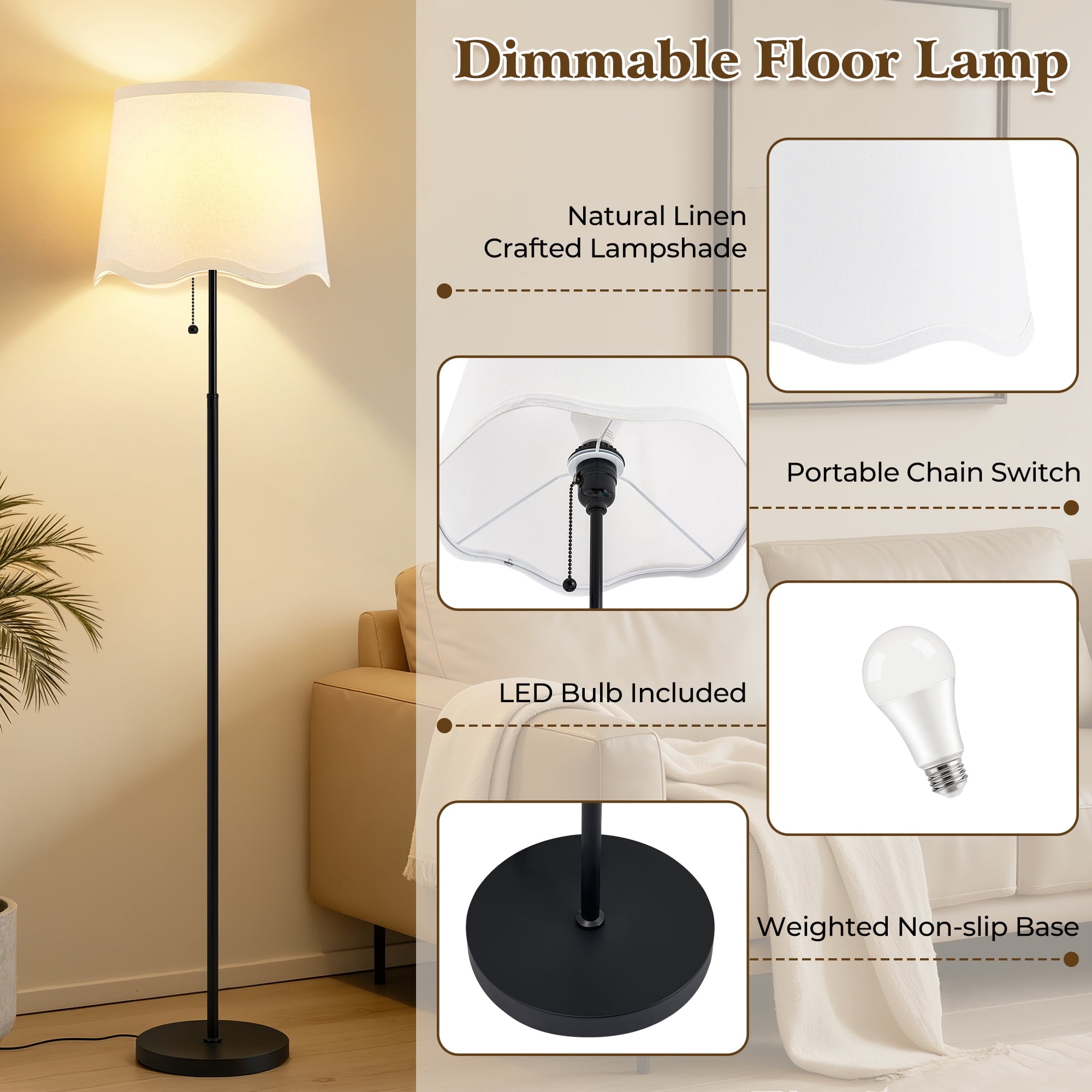Cozylumi™ 60 Inch Adjustable Color Floor Lamp Pull Chain Light with Bulb for Home