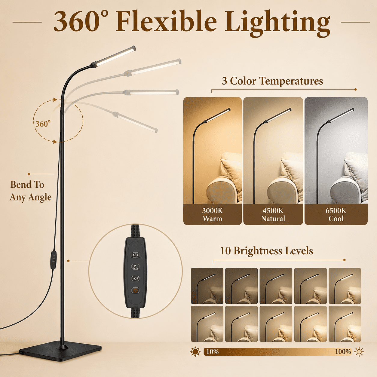 Cozylumi™ SERBASIC LED Floor Lamp, Dimmable Standing Light Height Adjustable with 360°