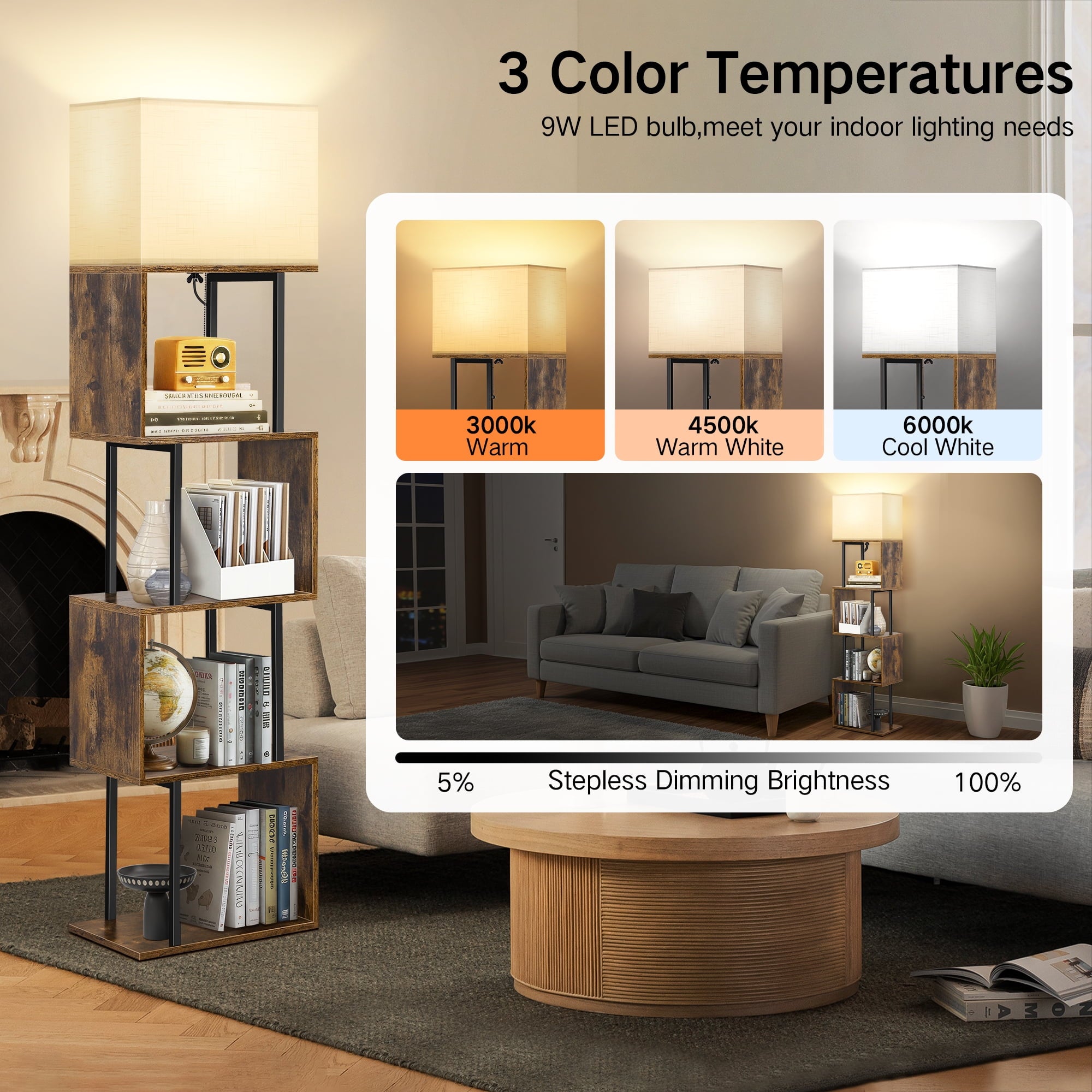 Cozylumi™ LIFE Floor Lamp with Shelves & Remote, 4-Tier Dimmable S Shape Standing Lamp