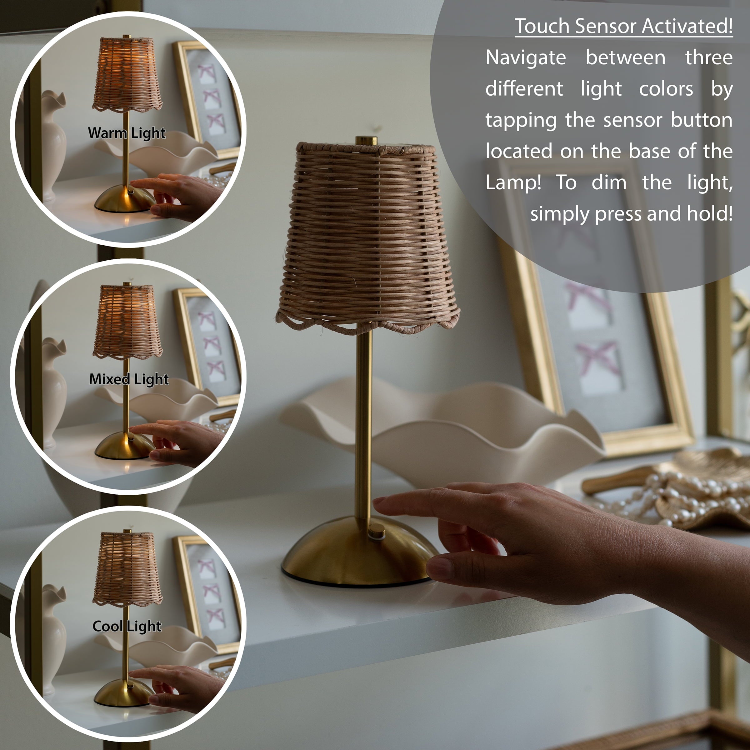 Cozylumi™ Cordless Indoor Rattan and Gold Colored Table Lamp with Touch Switch/Dimmer