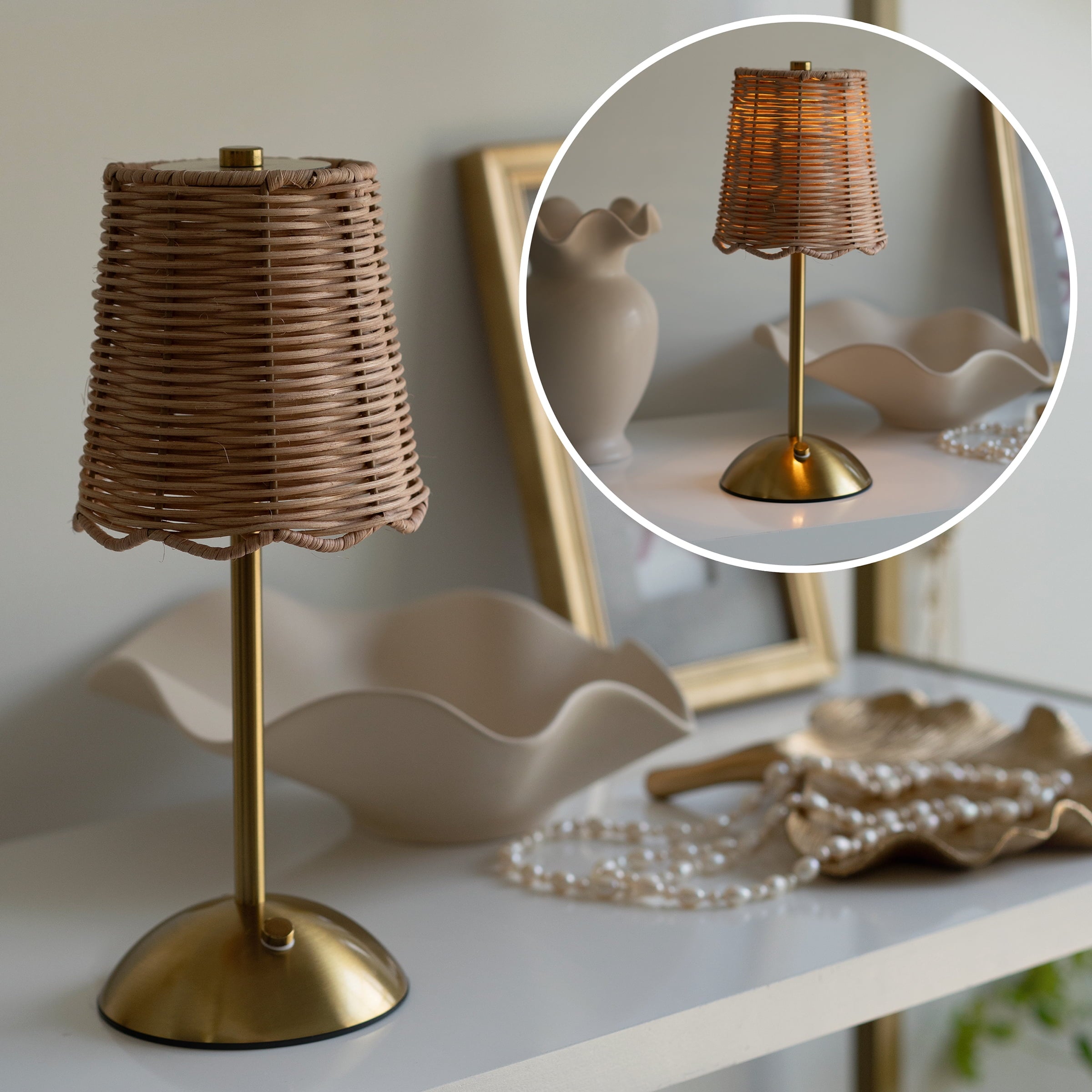 Cozylumi™ Cordless Indoor Rattan and Gold Colored Table Lamp with Touch Switch/Dimmer