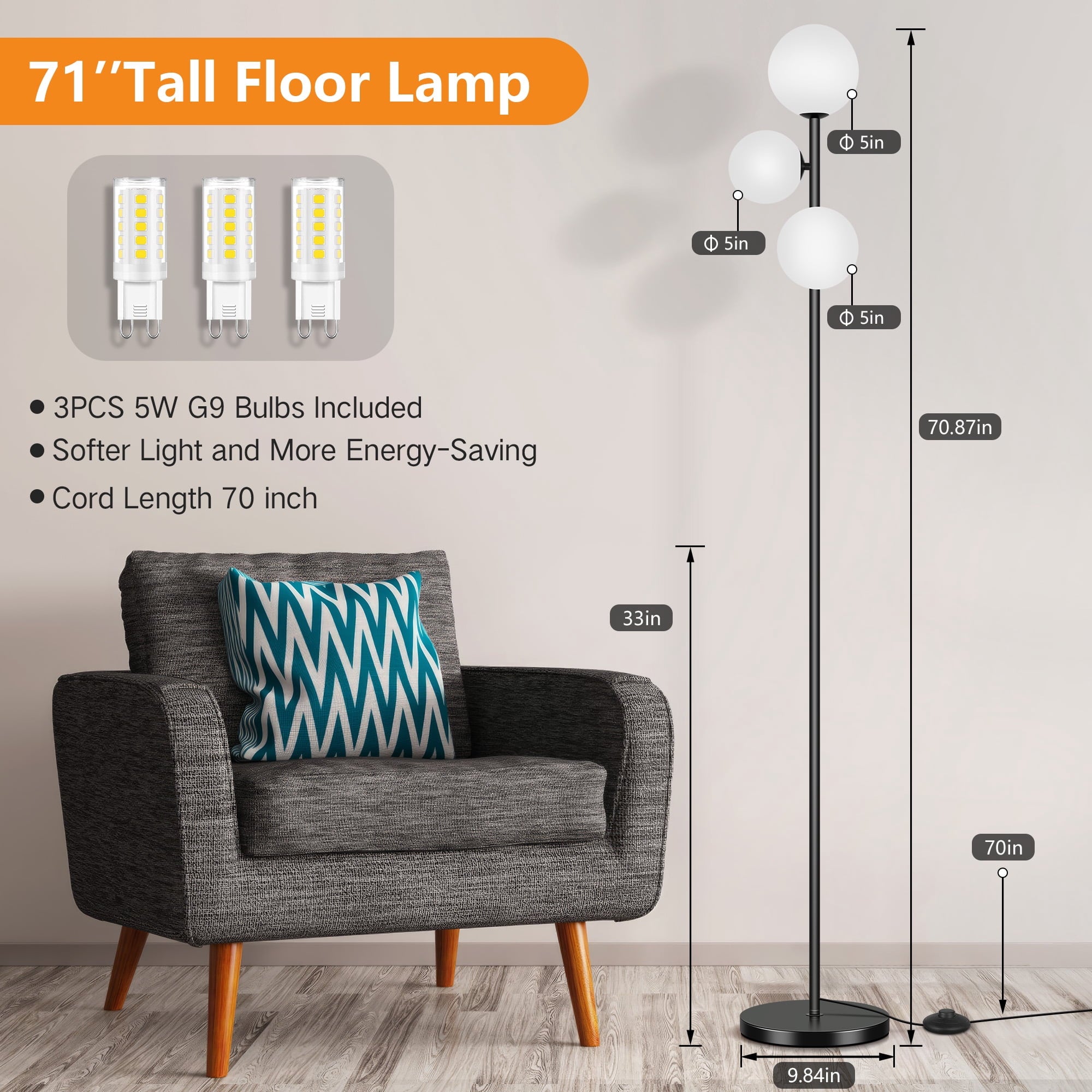 Cozylumi™ 71" Globe Floor Lamp for Living Room Clearance, Modern 3 light Standing Lamp