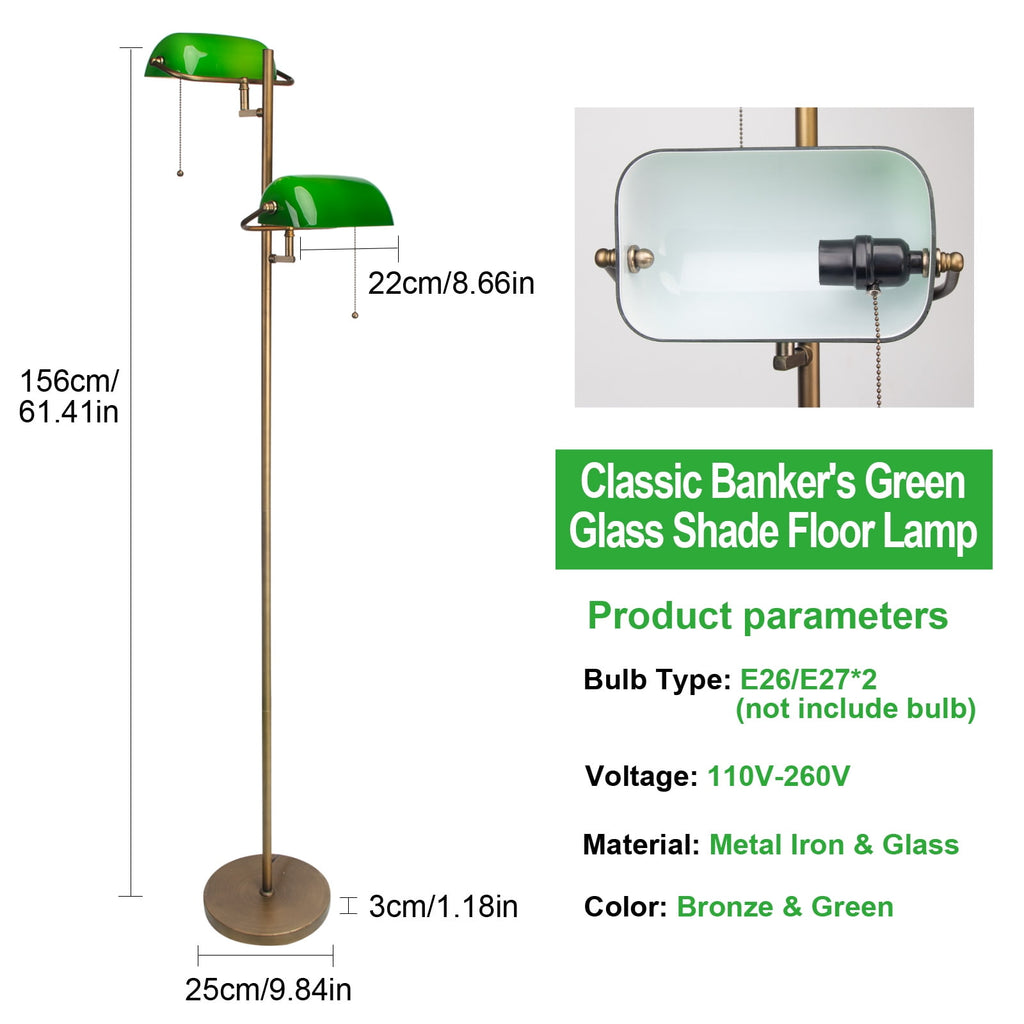 Cozylumi™ Novaretro Vintage Green Glass Bankers Floor Lamp with Adjustable Arm & Pull