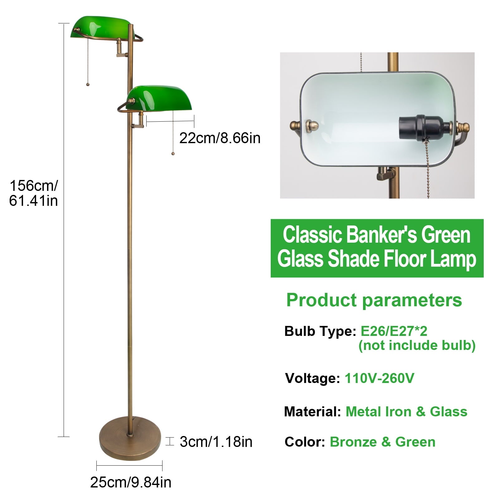 Cozylumi™ Novaretro Vintage Green Glass Bankers Floor Lamp with Adjustable Arm & Pull