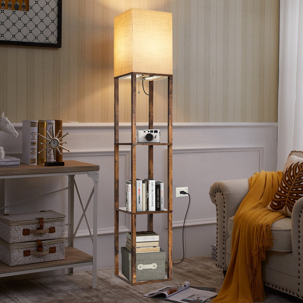 Cozylumi™ Floor Lamp with Shelves, Modern Dimmable Solid Wood Standing Lamp for Living