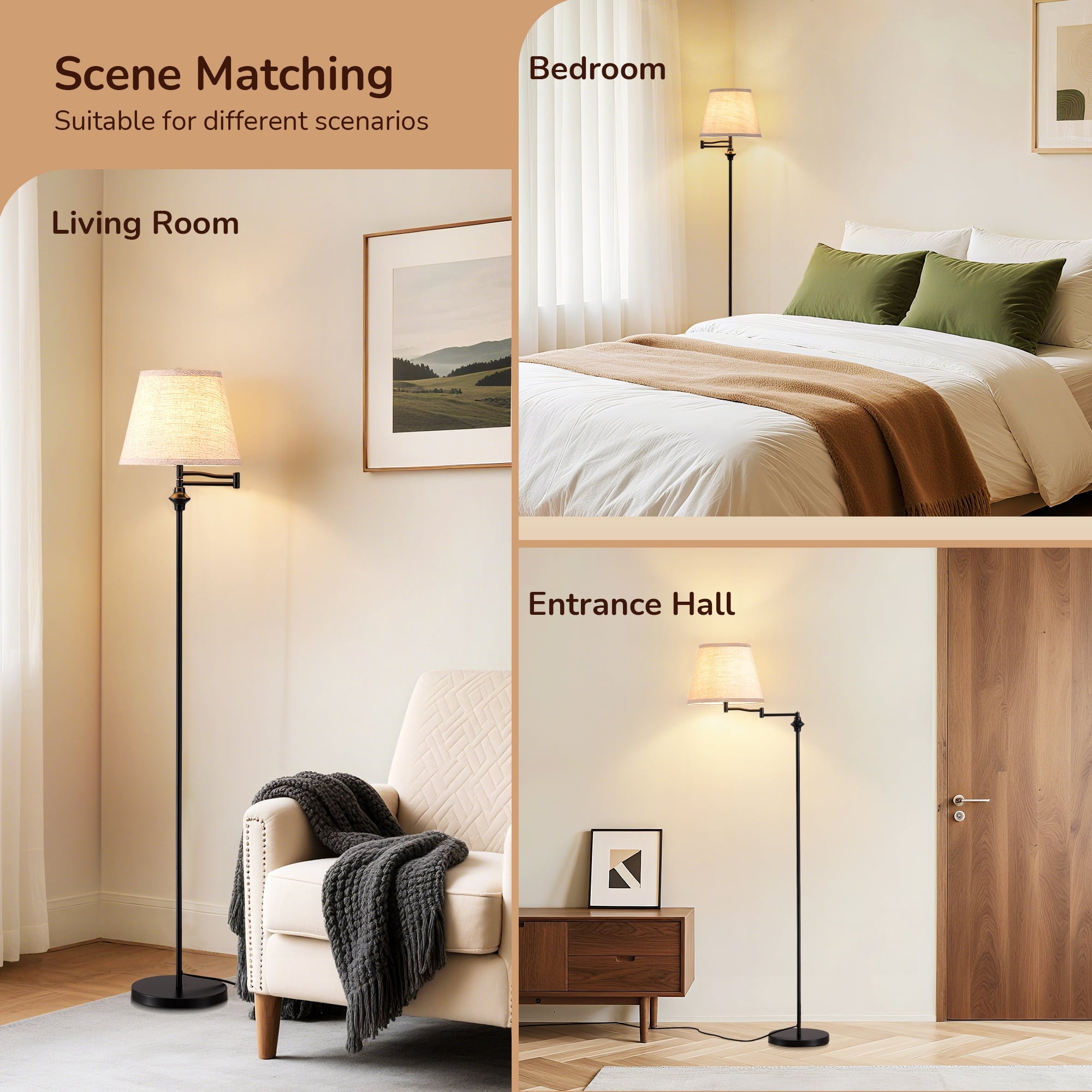 Cozylumi™ 62in Floor Lamps with Swing Arm for Living Room, Retro 350° Adjustable