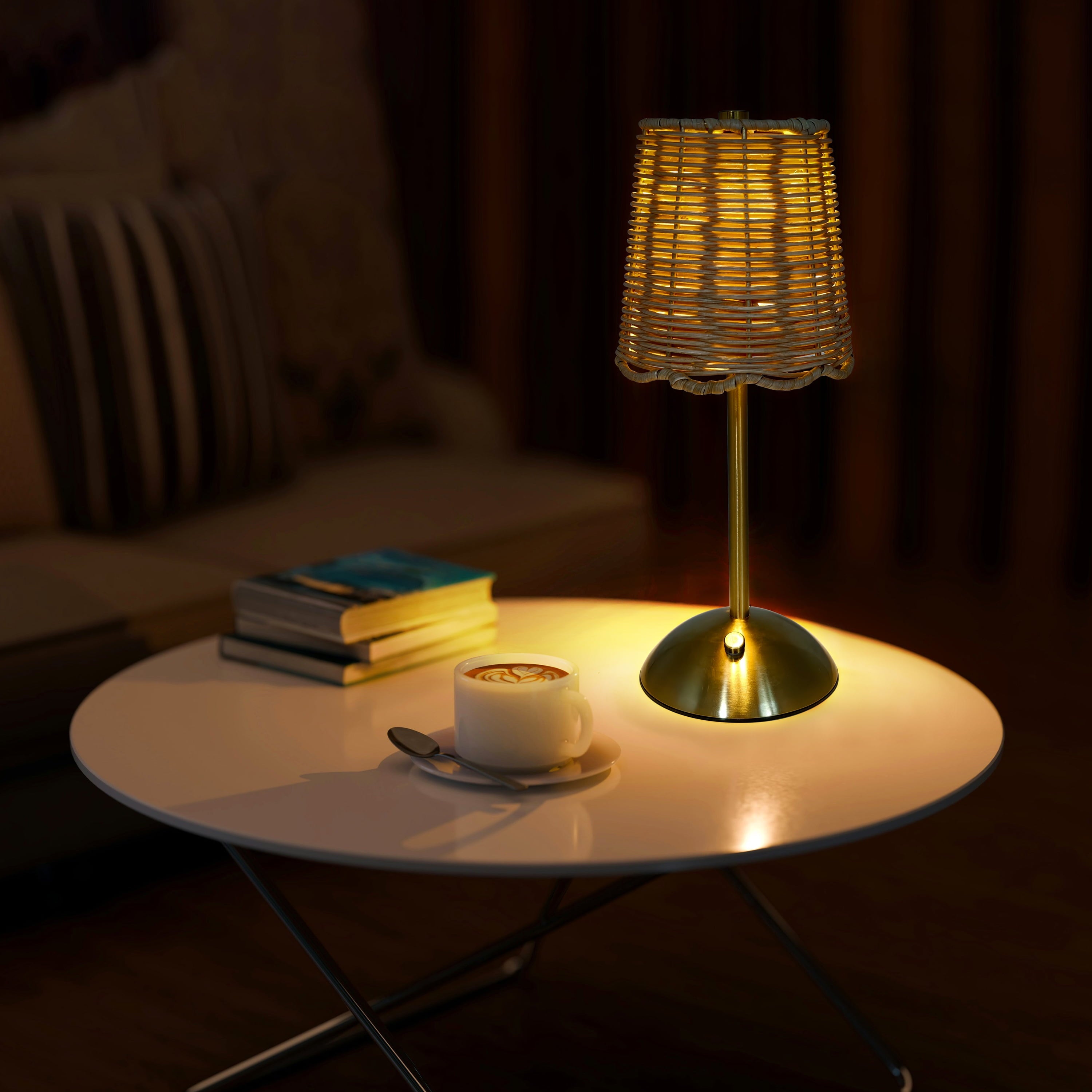 Cozylumi™ Cordless Indoor Rattan and Gold Colored Table Lamp with Touch Switch/Dimmer