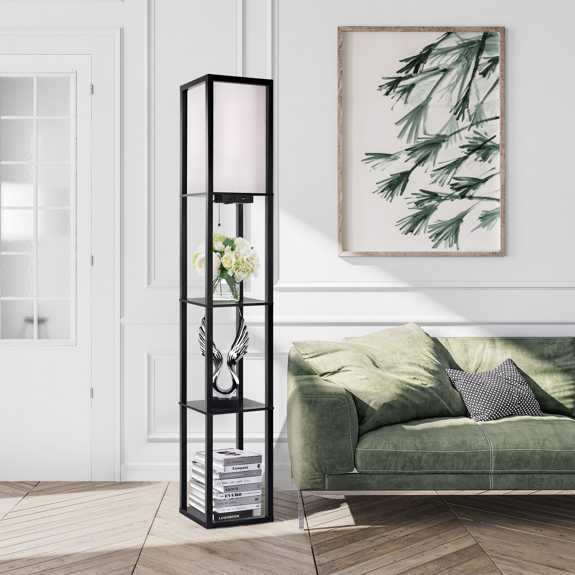 Cozylumi™ Floor Lamp with Shelves and Charging, 63.7'' Dimmable Standing Tall Wood