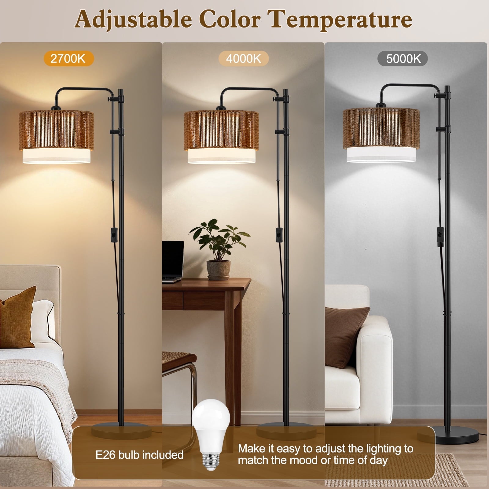 Cozylumi™ Rattan Floor Lamp for Living Room, 3 Color Temperatures LED Bulb Included