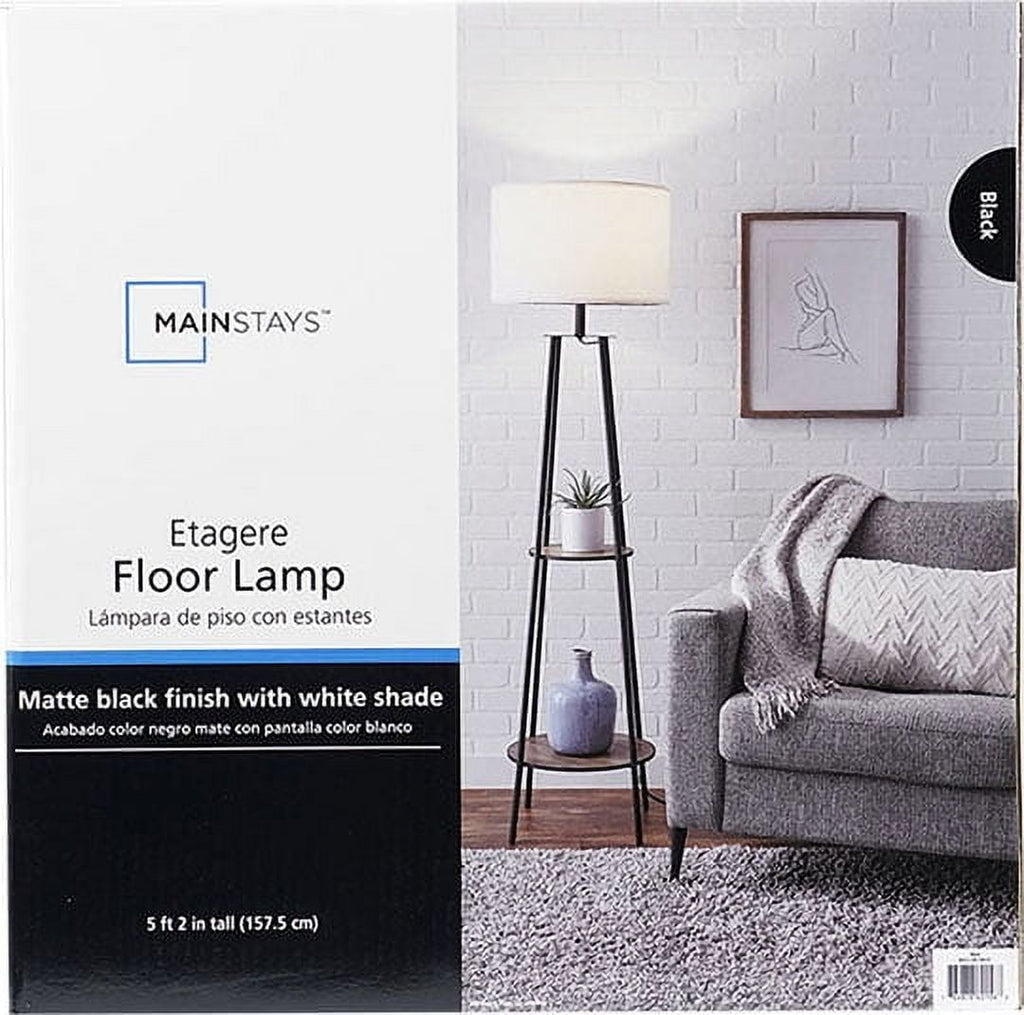 Cozylumi™ Etagere 62" Matte Black Mid-Century Style Floor Lamp, with 2 Wood Shelves