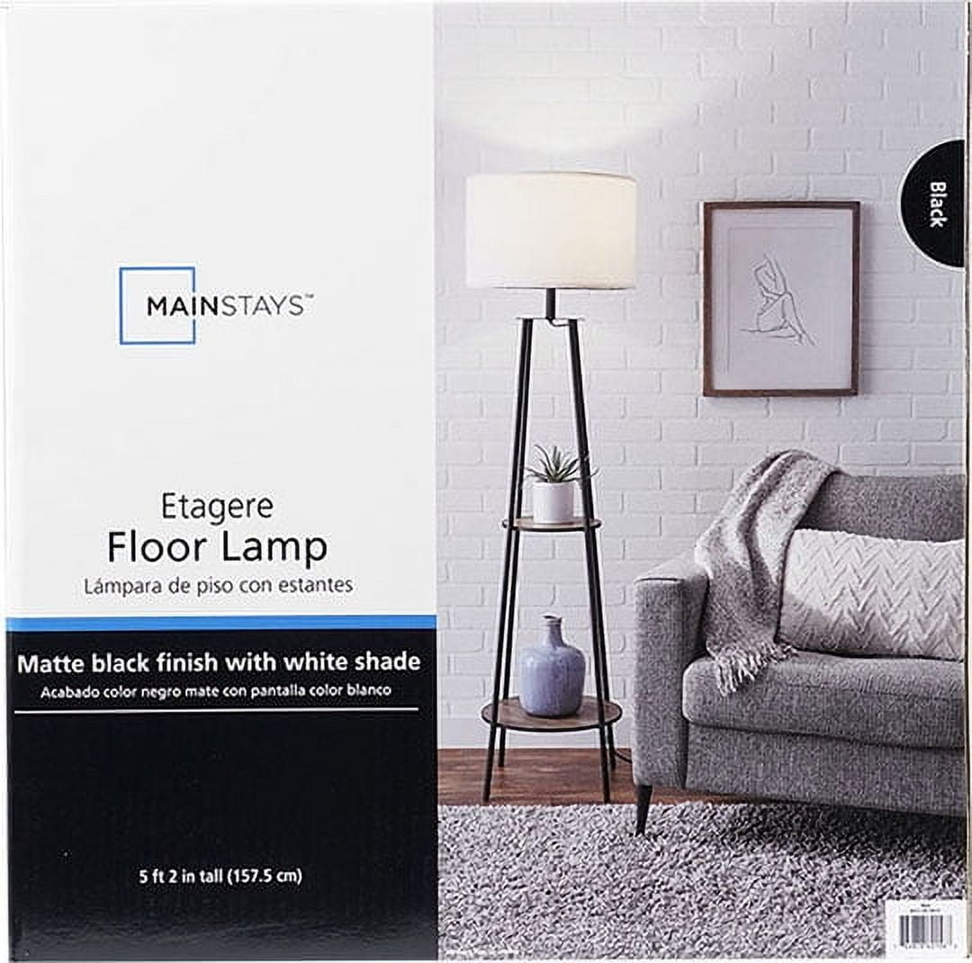 Cozylumi™ Etagere 62" Matte Black Mid-Century Style Floor Lamp, with 2 Wood Shelves