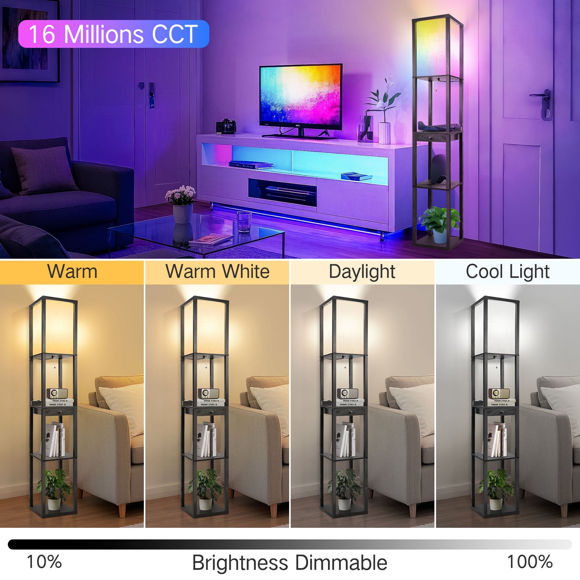 Cozylumi™ Floor Lamp with Shelves & Drawer, RGB LED Standing Lamps with 4 Color